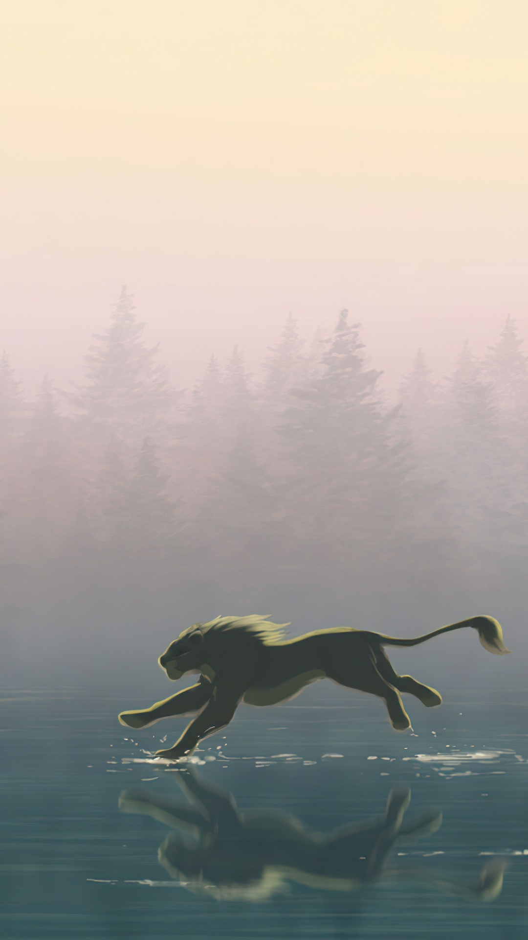 Lion running through water with forest background HD Phone Wallpaper
