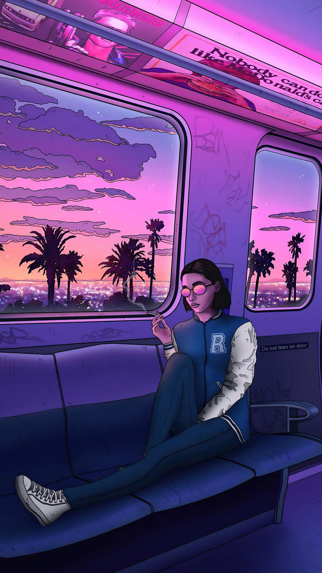 Girl on a train overlooking a city at sunset HD Phone Wallpaper