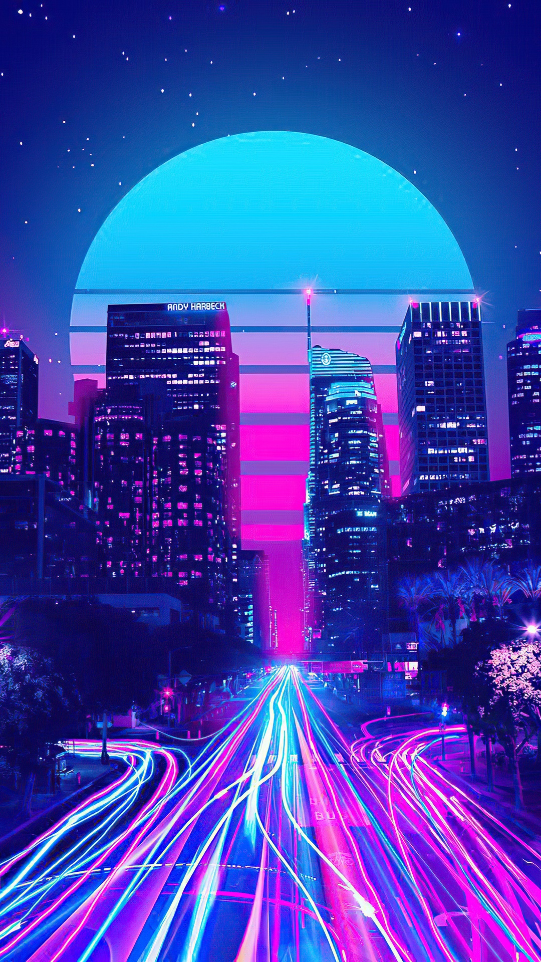 Neon Cityscape with Light Trails and Large Sun HD Phone Wallpaper
