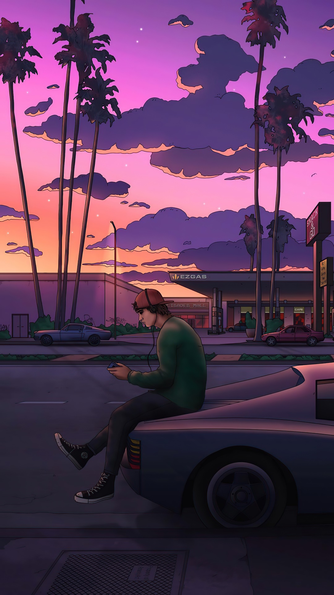 Young man sitting on a car at sunset HD Phone Wallpaper