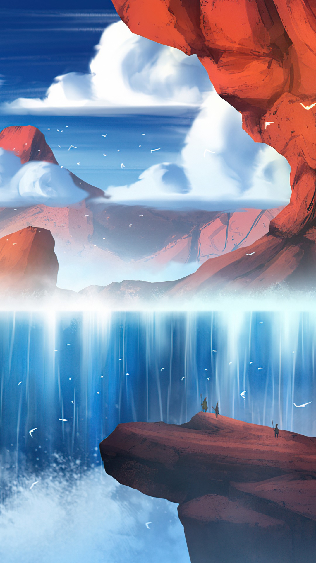 Digital artwork of a grand waterfall and canyons HD Phone Wallpaper