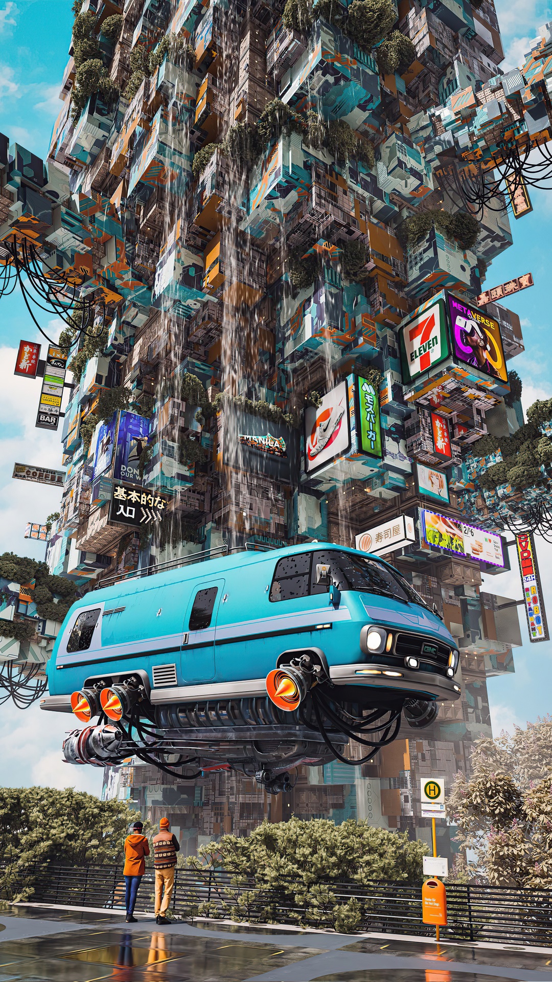 Futuristic Cityscape with Flying Van and Advertisements HD Phone Wallpaper