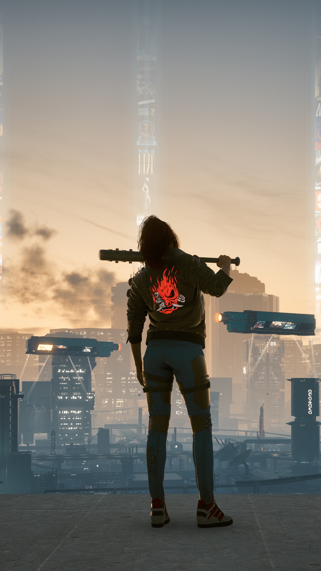 Cyberpunk 2077 character with baseball bat in city HD Phone Wallpaper