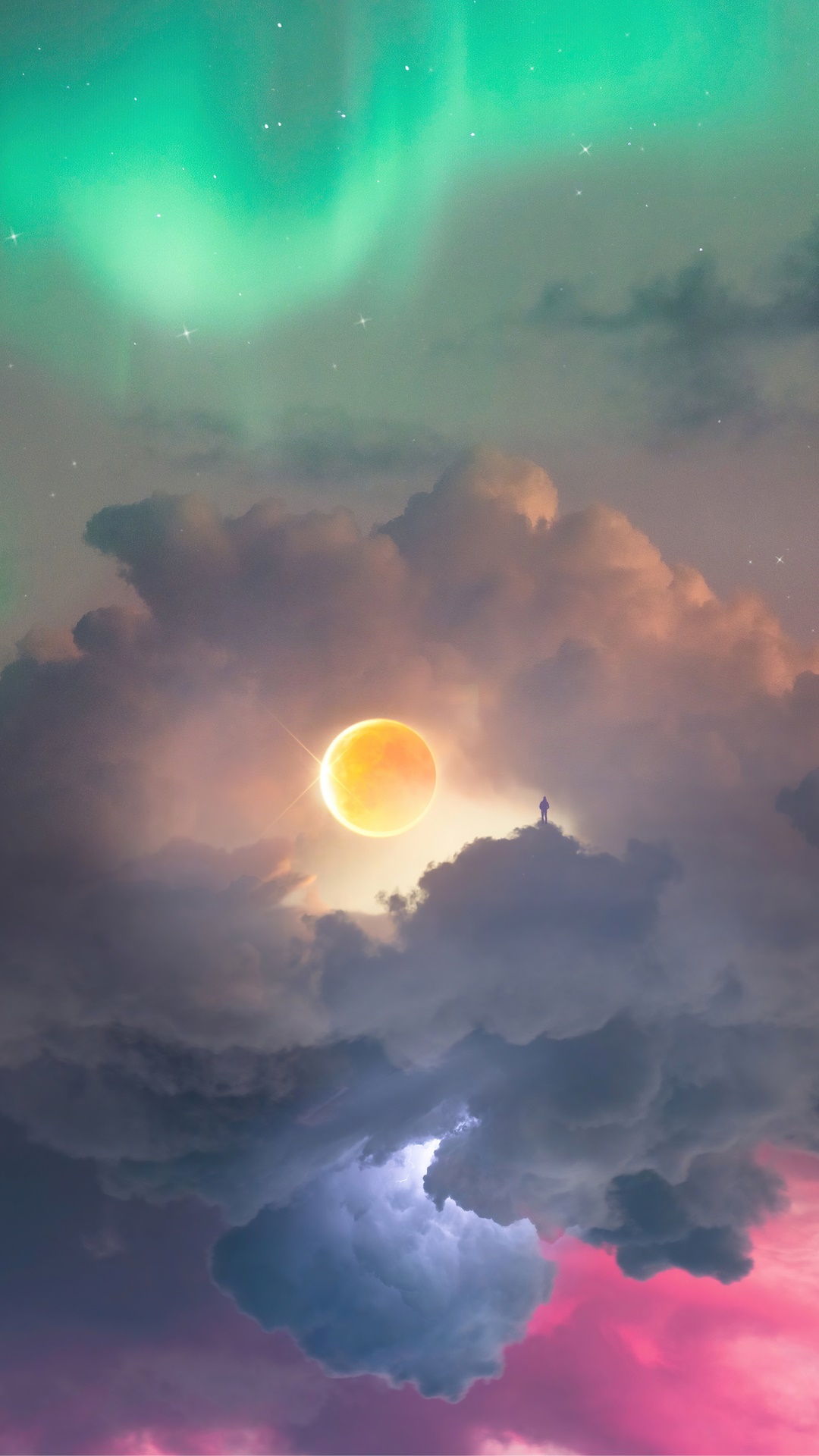 Man standing on clouds with moon and aurora HD Phone Wallpaper