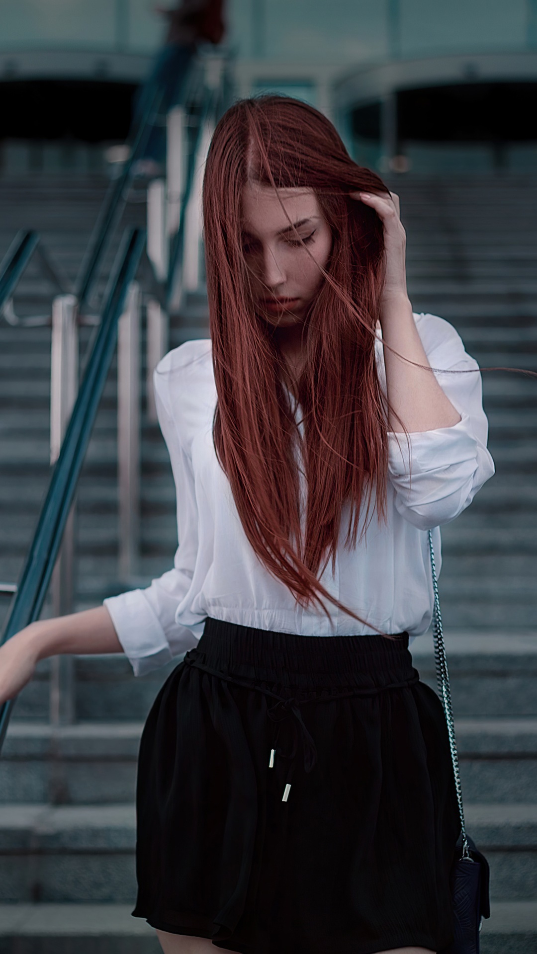 Redhead girl in white shirt and black skirt on stairs HD Phone Wallpaper