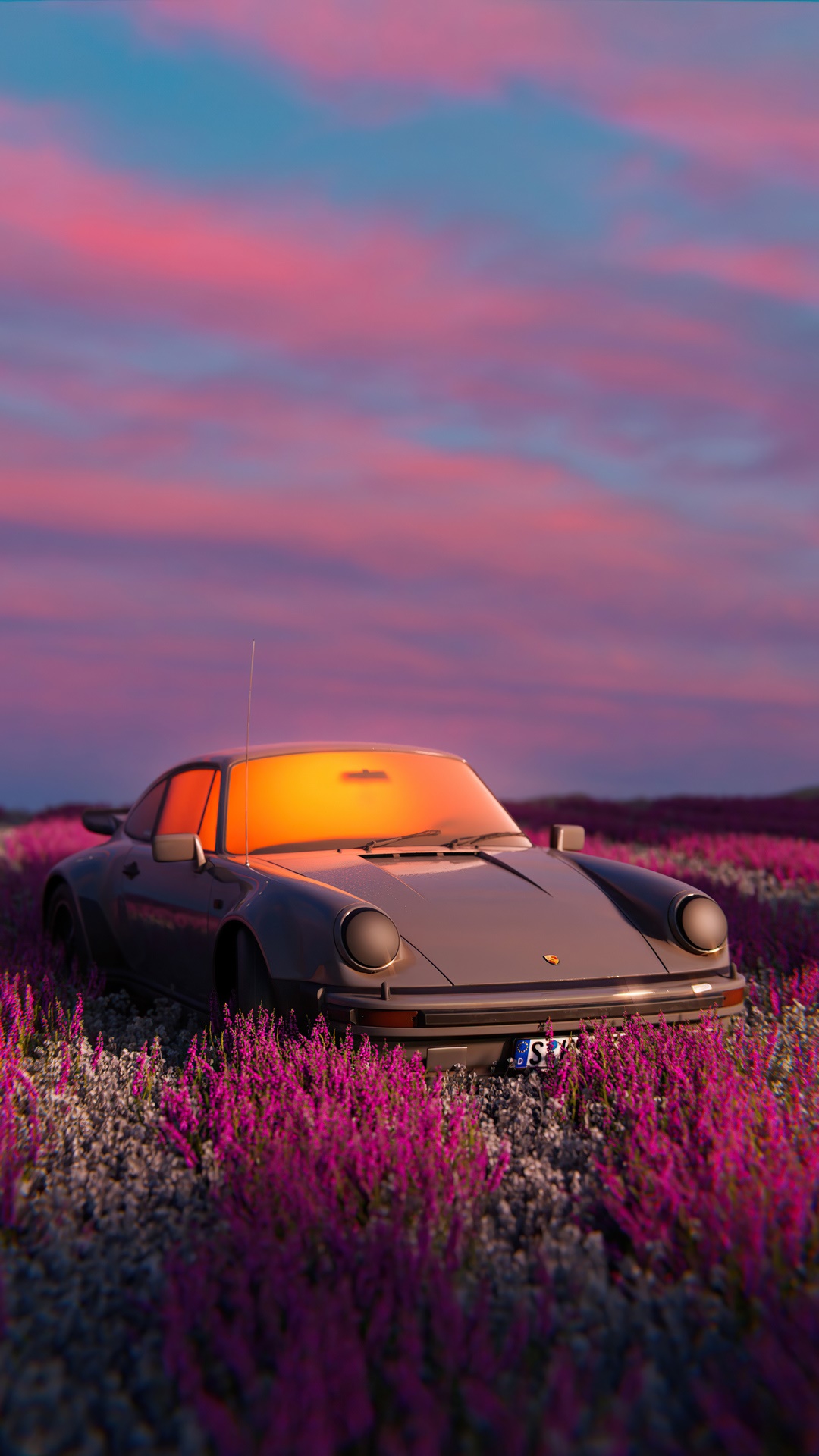 Porsche 911 in a field of flowers at sunset HD Phone Wallpaper