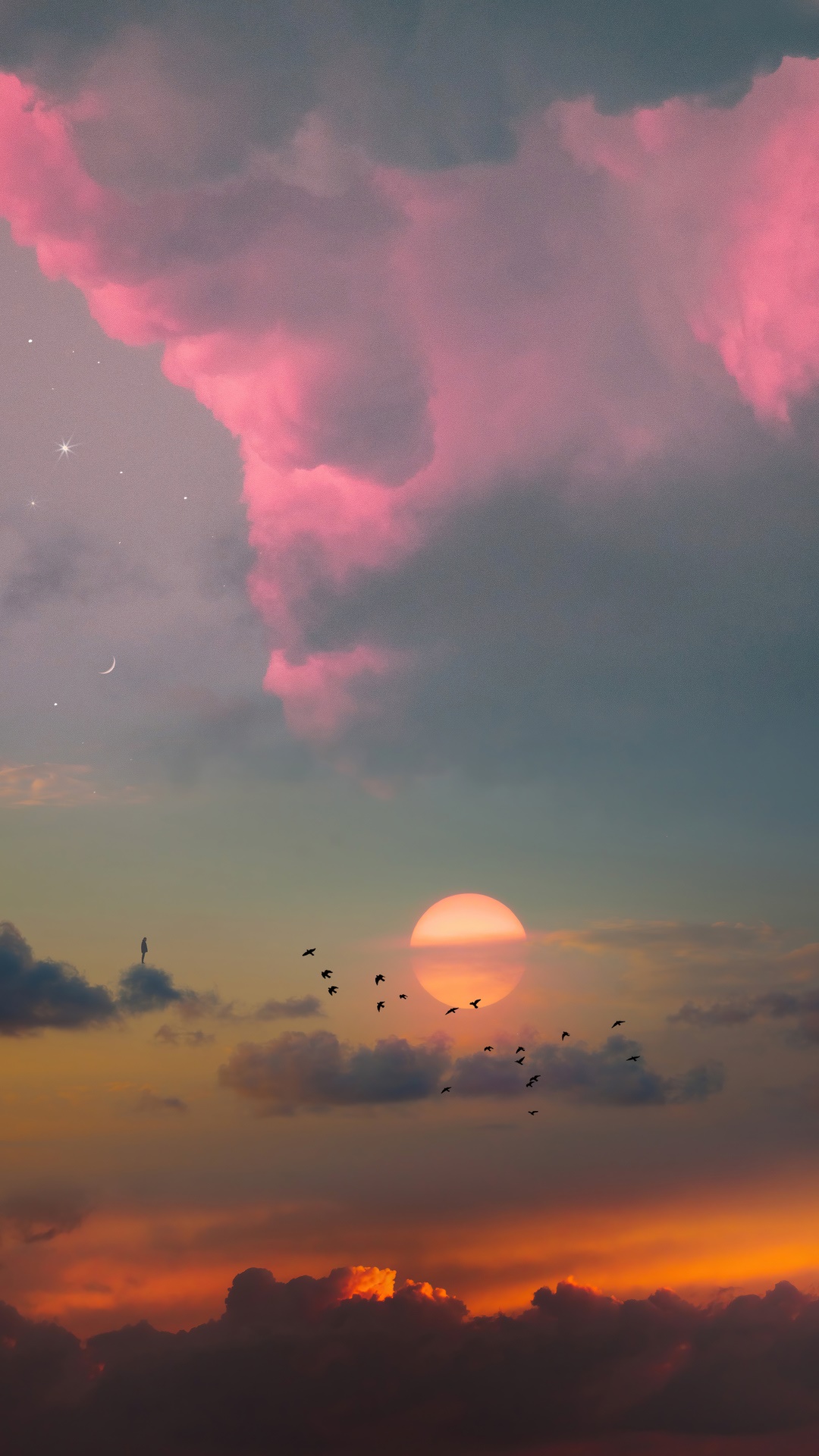 Digital Art of a Surreal Sunset with Birds HD Phone Wallpaper