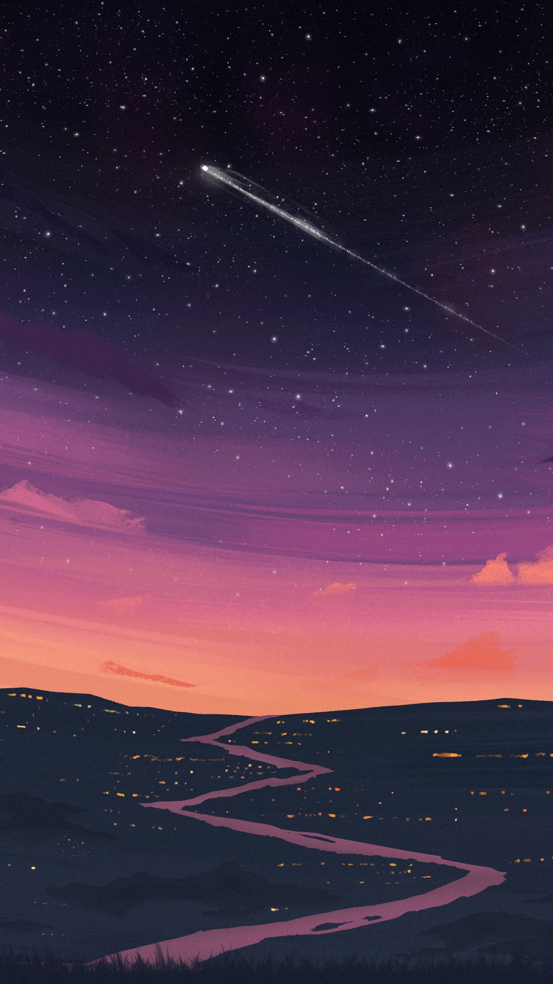 Digital art of a starry night sky with a shooting star over a landscape HD Phone Wallpaper