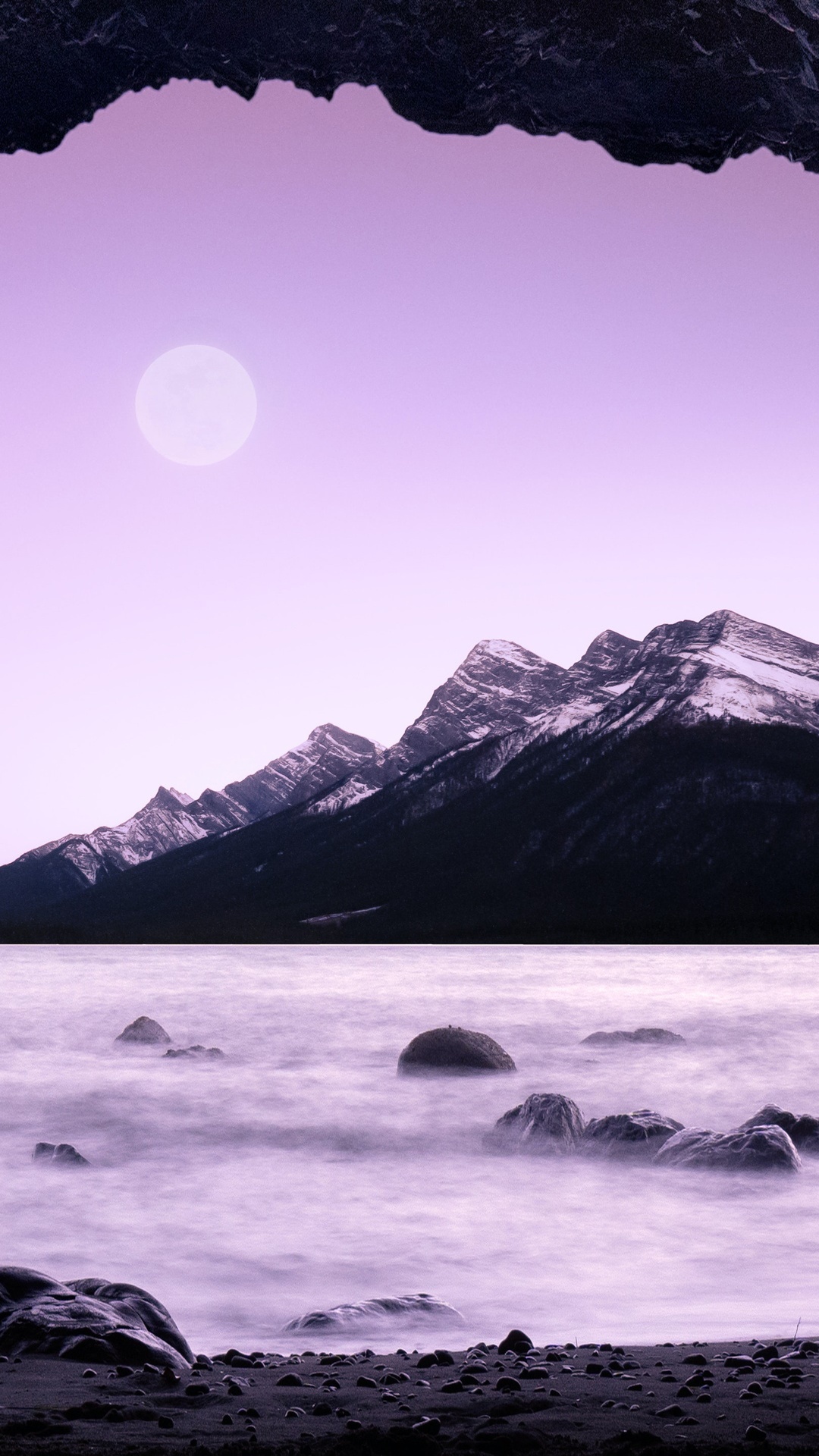 Mountains and sea under a purple sky with a moon HD Phone Wallpaper
