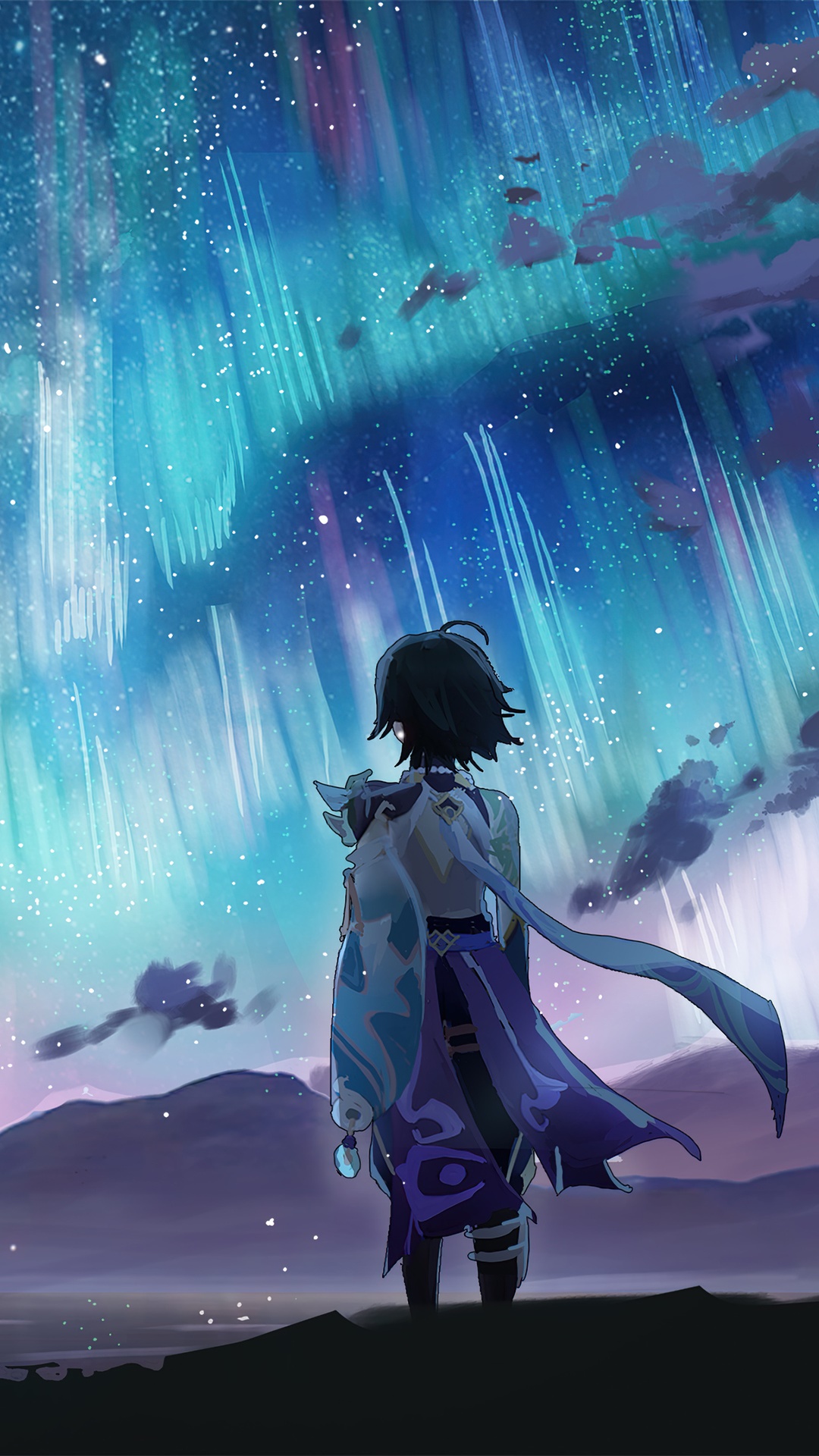 Genshin Impact character under aurora borealis HD Phone Wallpaper