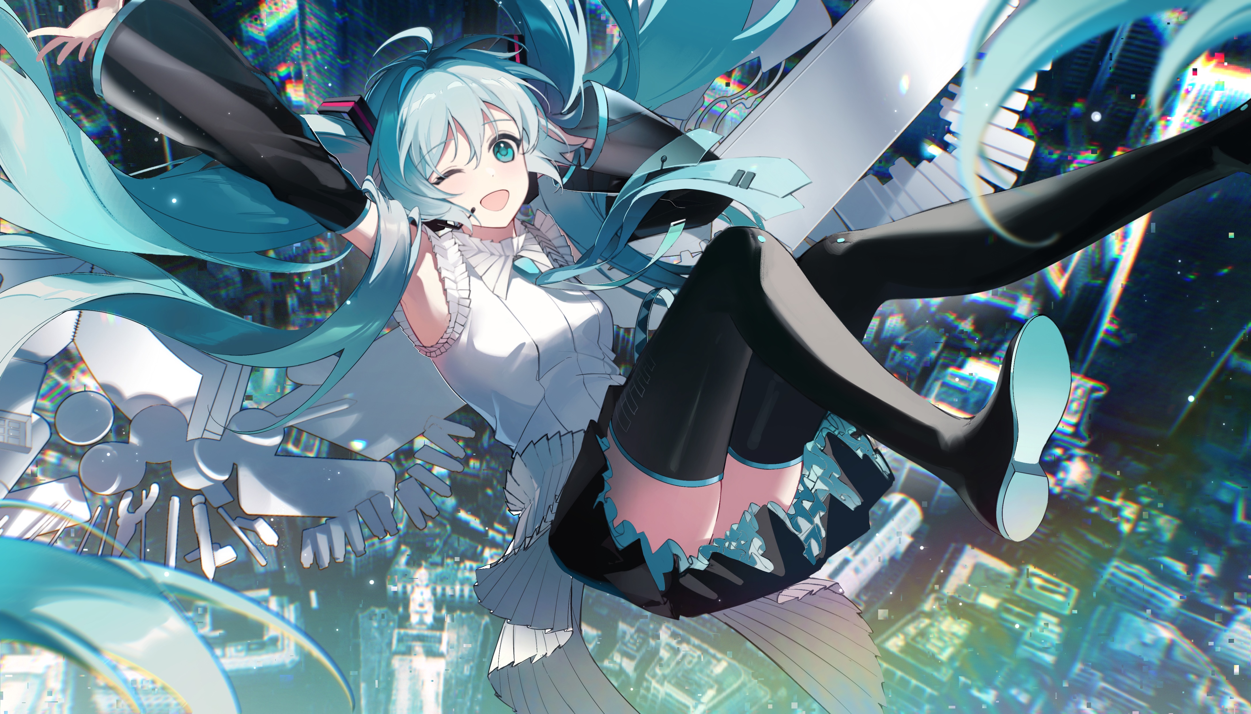 4K Hatsune Miku Falling Over City HD Wallpaper