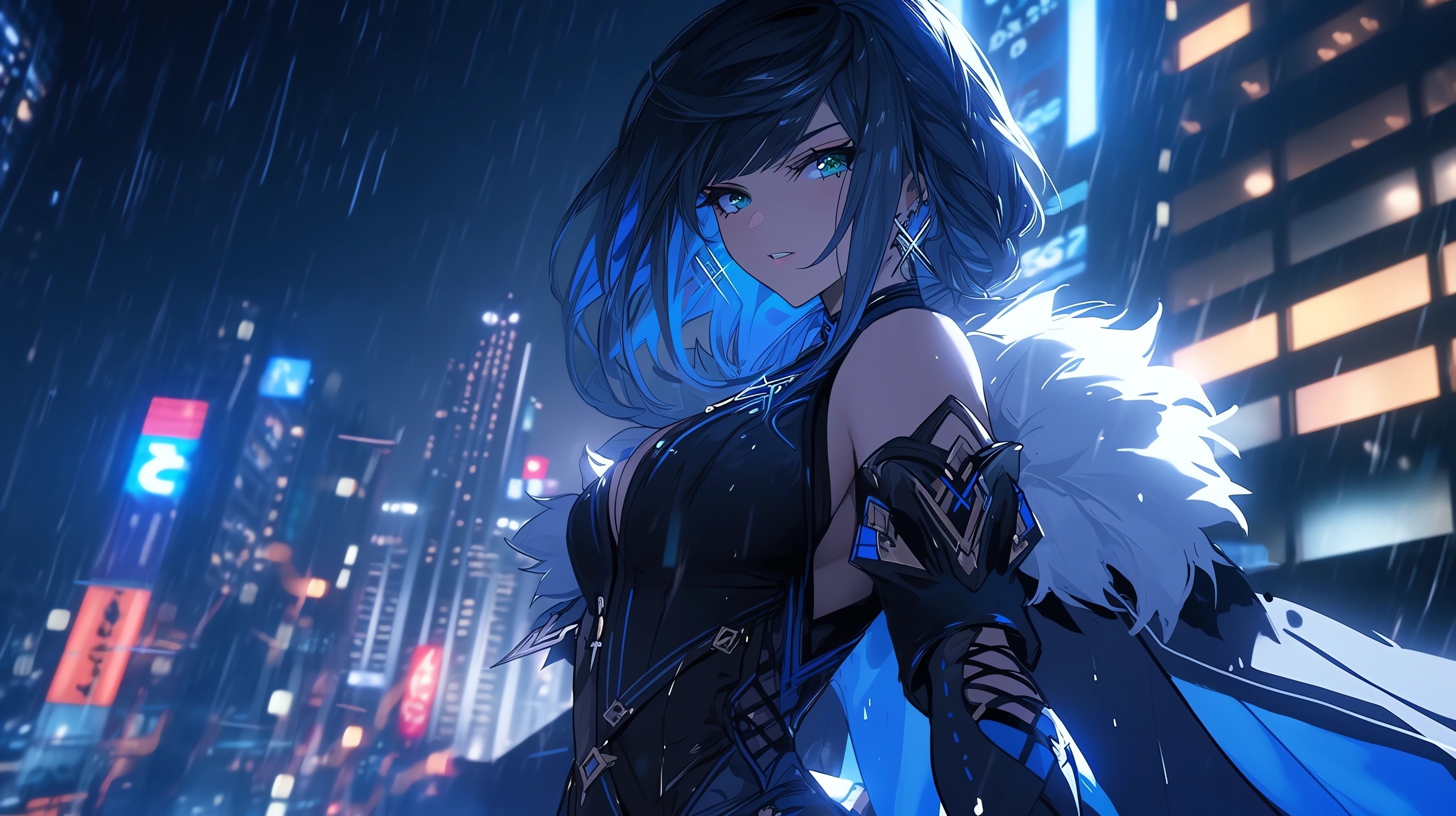 Yelan from Genshin Impact in a rainy city HD Wallpaper