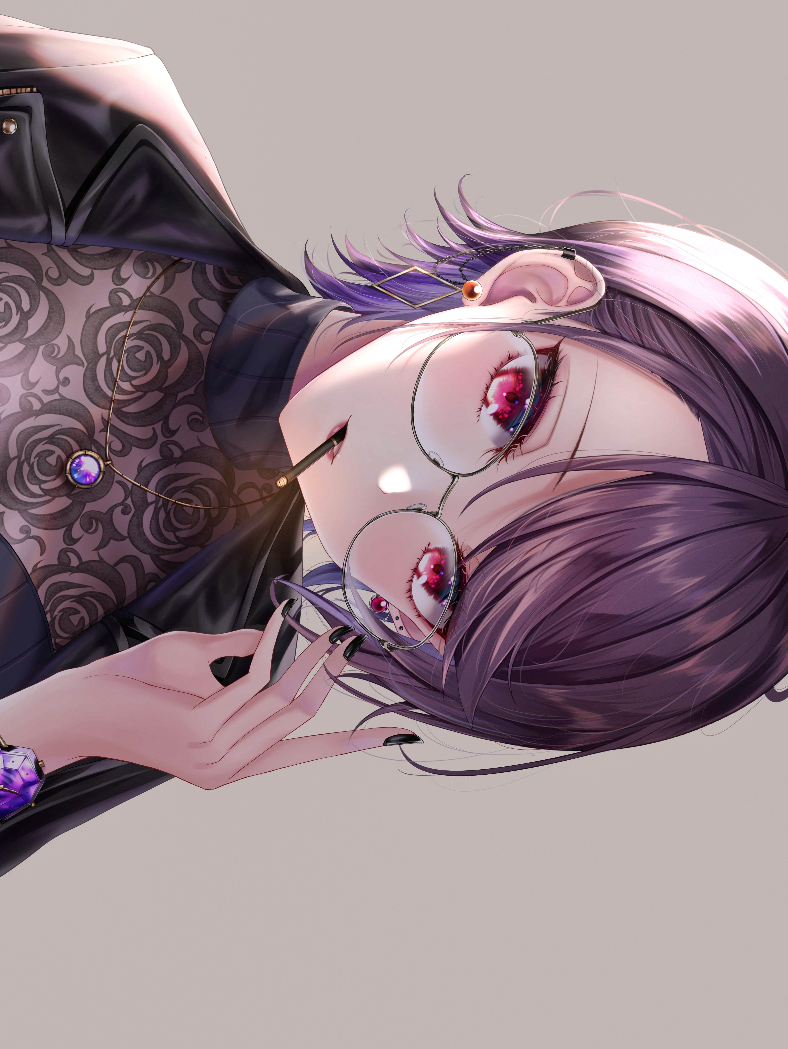 Anime girl with purple hair and glasses HD Phone Wallpaper