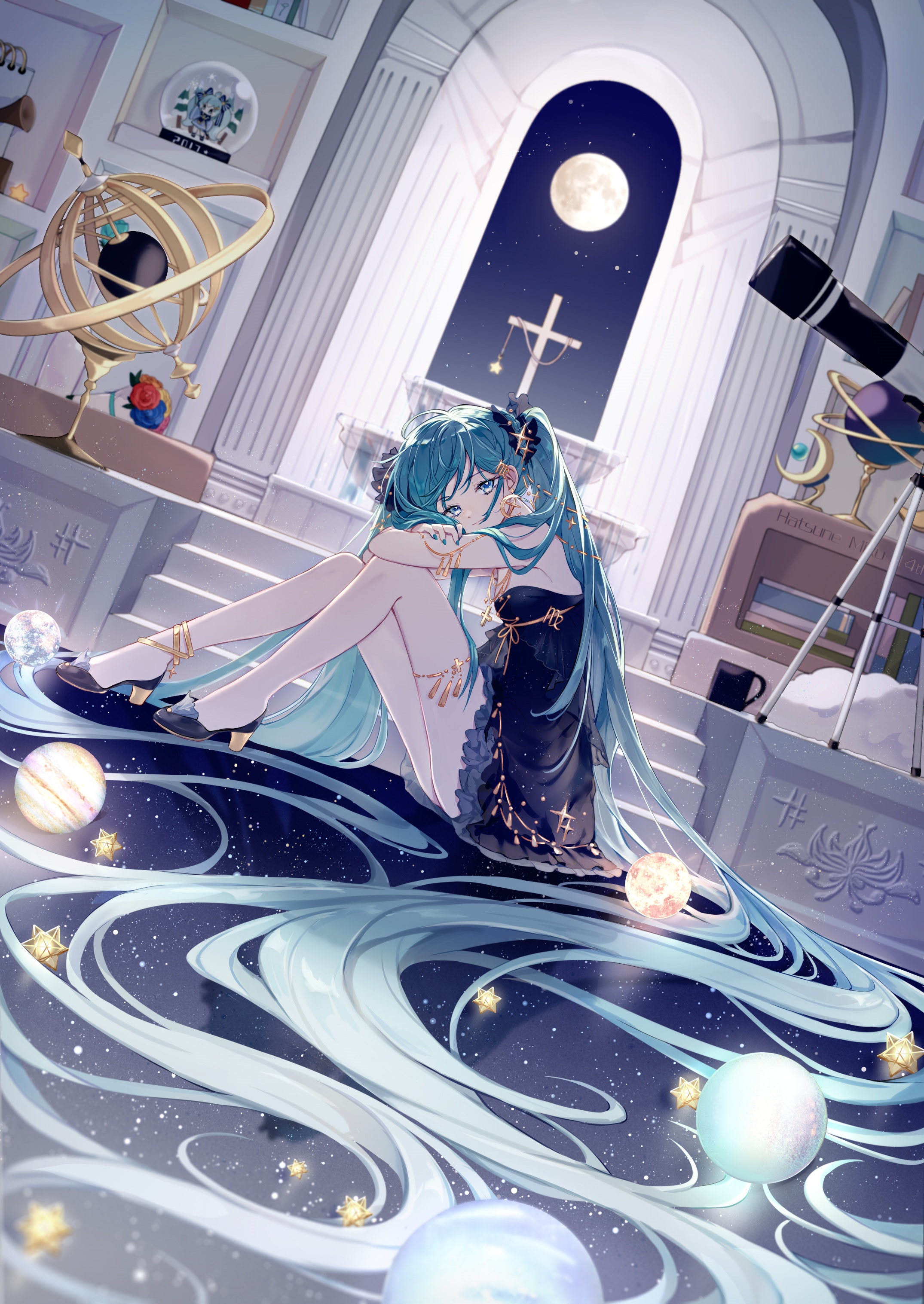 Hatsune Miku sitting on stairs with planets and stars HD Phone Wallpaper