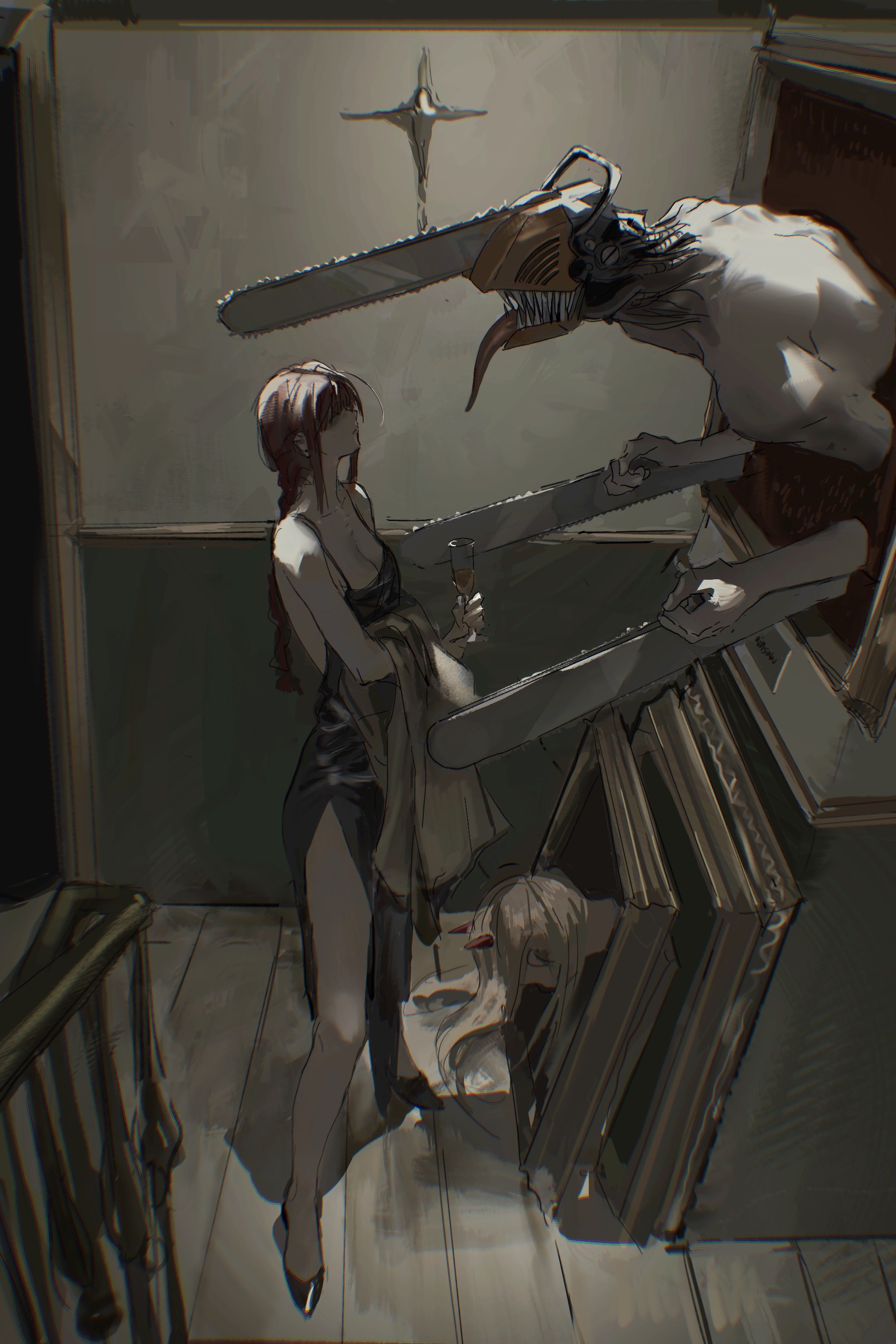 Makima and Chainsaw Man in a room HD Phone Wallpaper