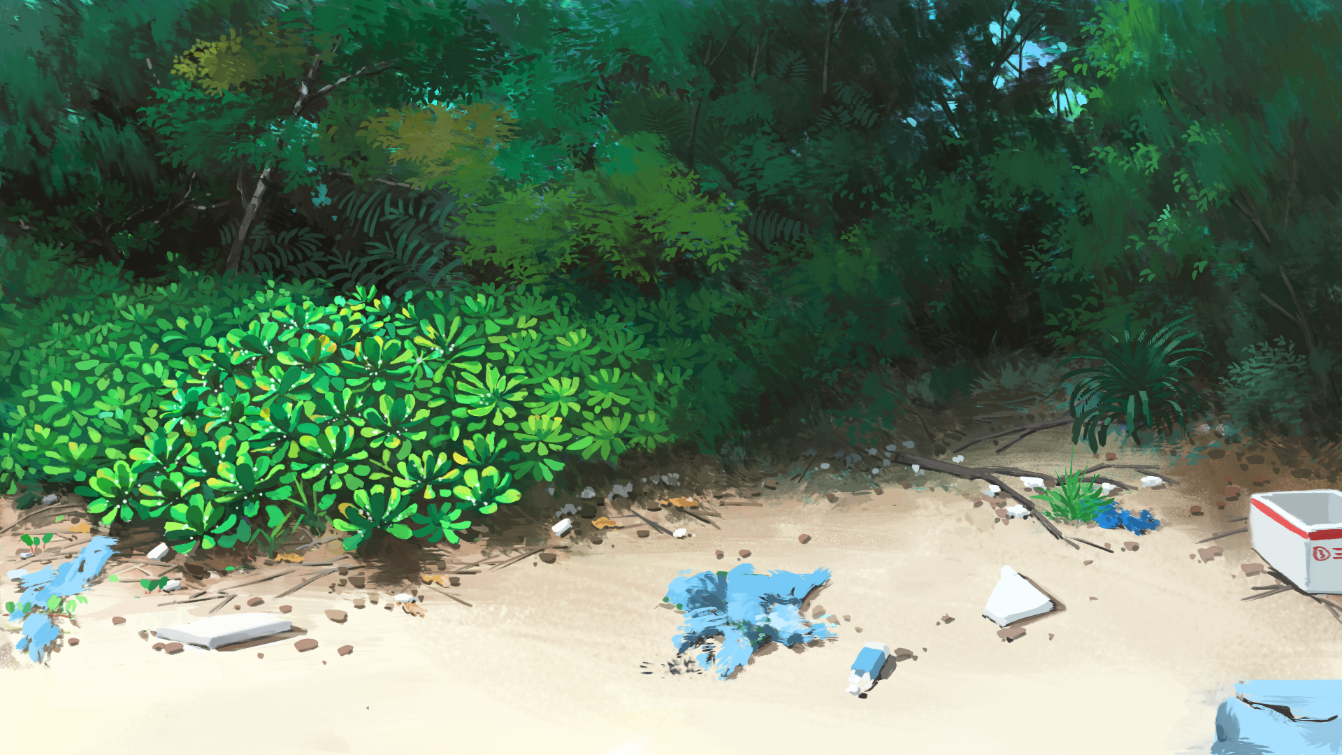 Beach with trash and lush green foliage HD Wallpaper
