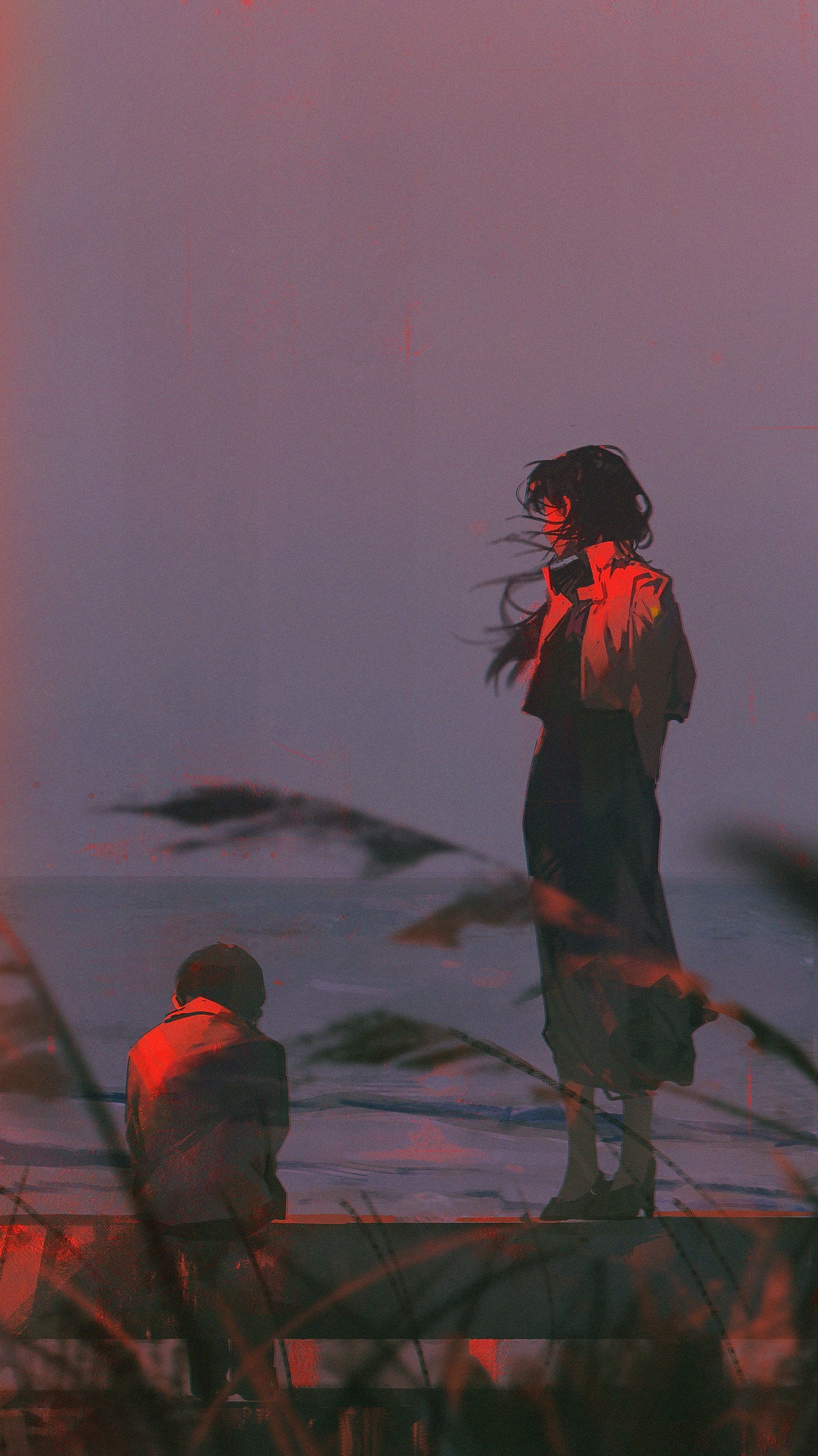 Two figures by the sea, one standing, one sitting HD Phone Wallpaper