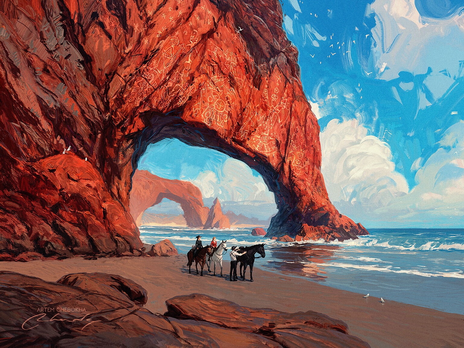 Artem Chebokha painting of people on horseback at a rocky beach arch HD Wallpaper