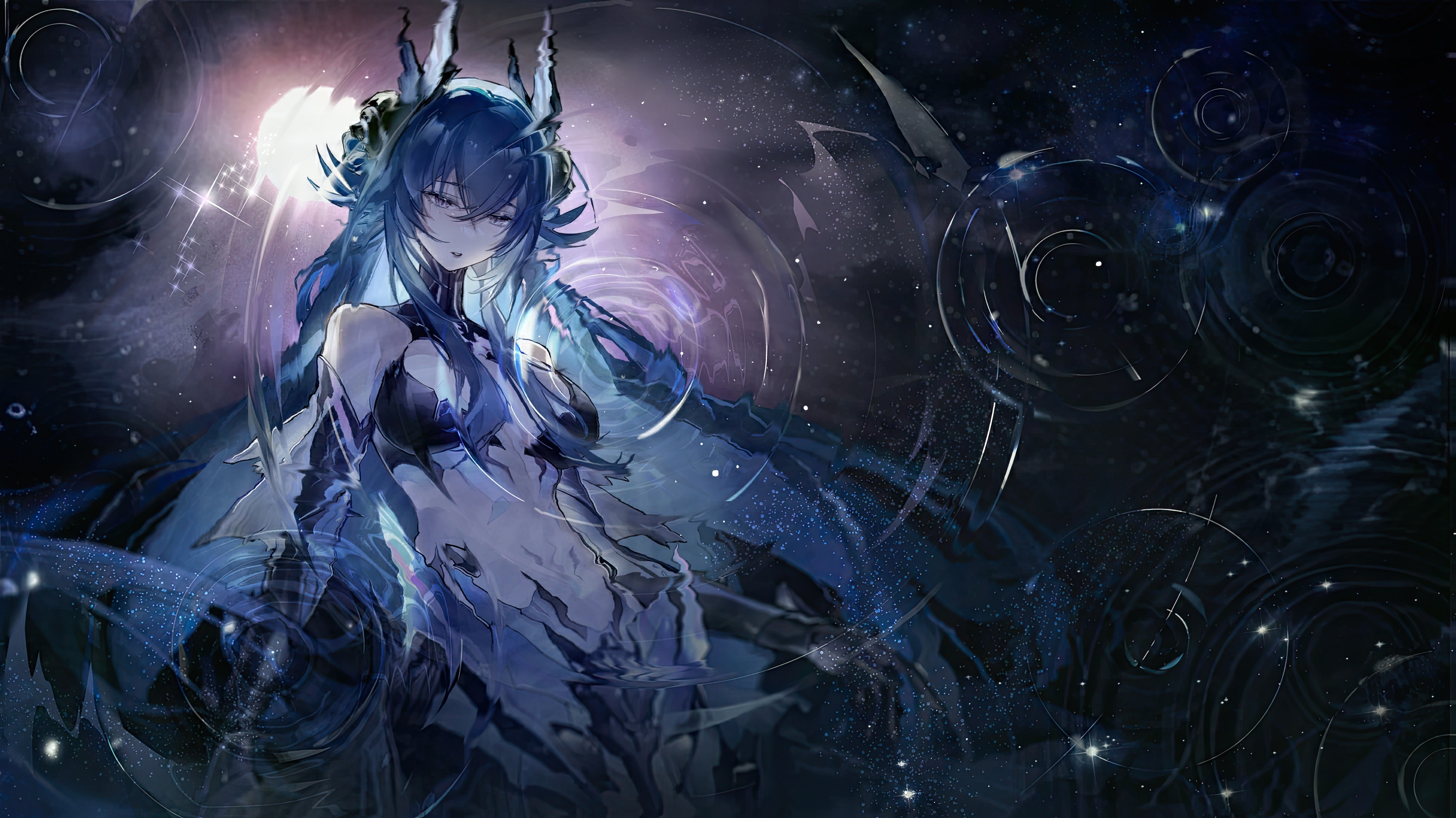 4K anime girl with blue hair and horns in water HD Wallpaper