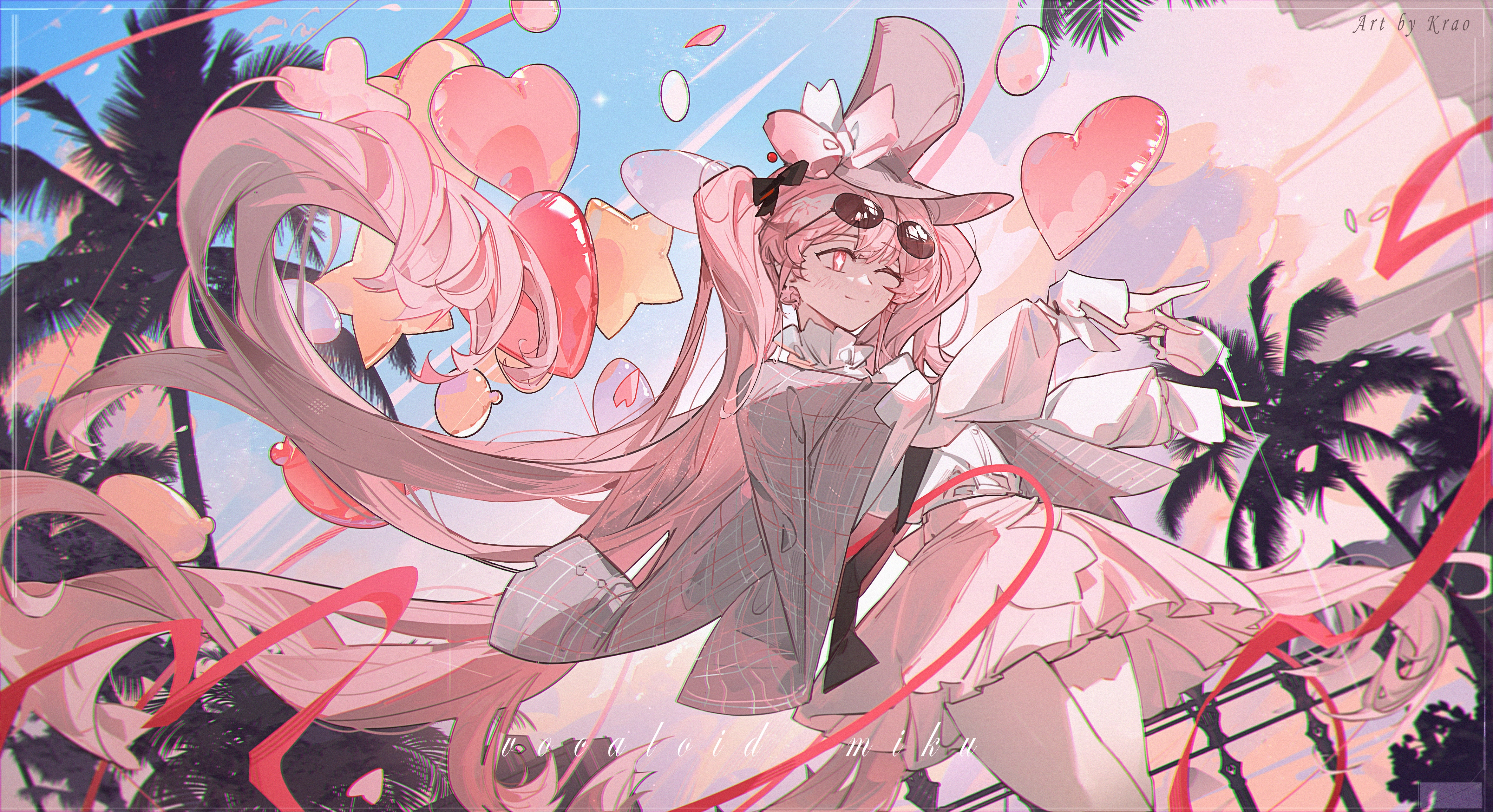 Hatsune Miku with Balloons and Palm Trees HD Wallpaper