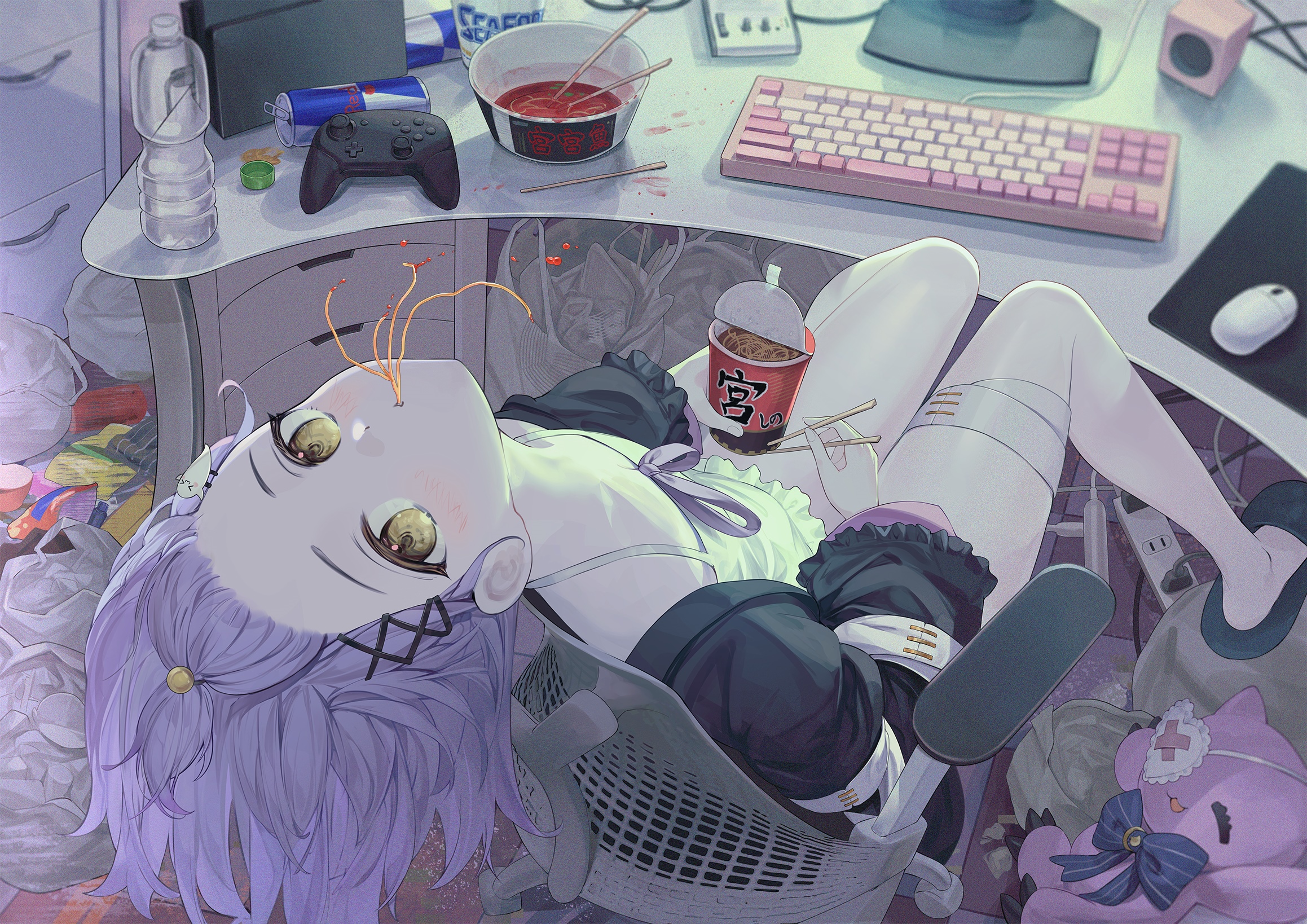 Girl with purple hair eating ramen and drinking bubble tea HD Wallpaper
