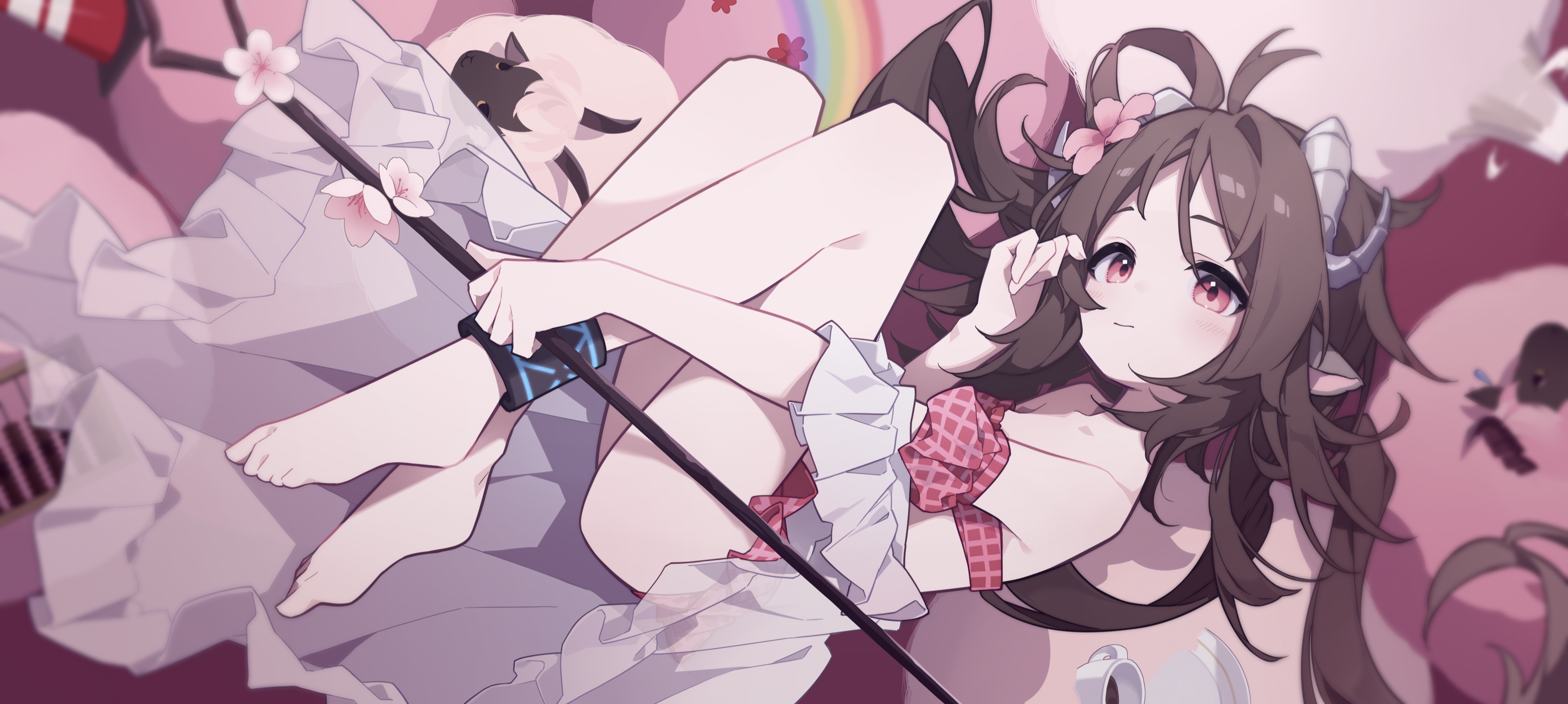 Arknights Eyjafjalla lying down with flowers HD Wallpaper
