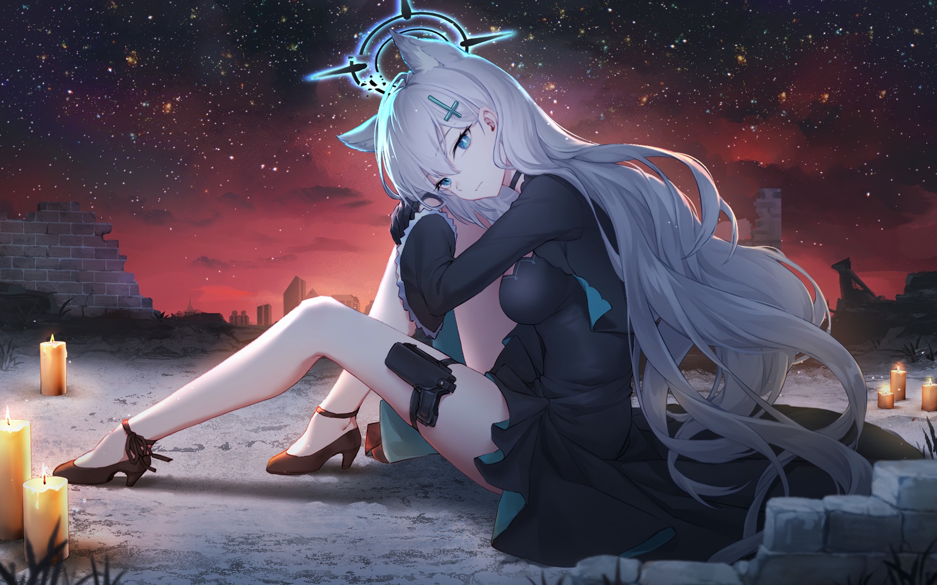 Sunaookami Shiroko with Gun and Halo in Starry Sky HD Wallpaper