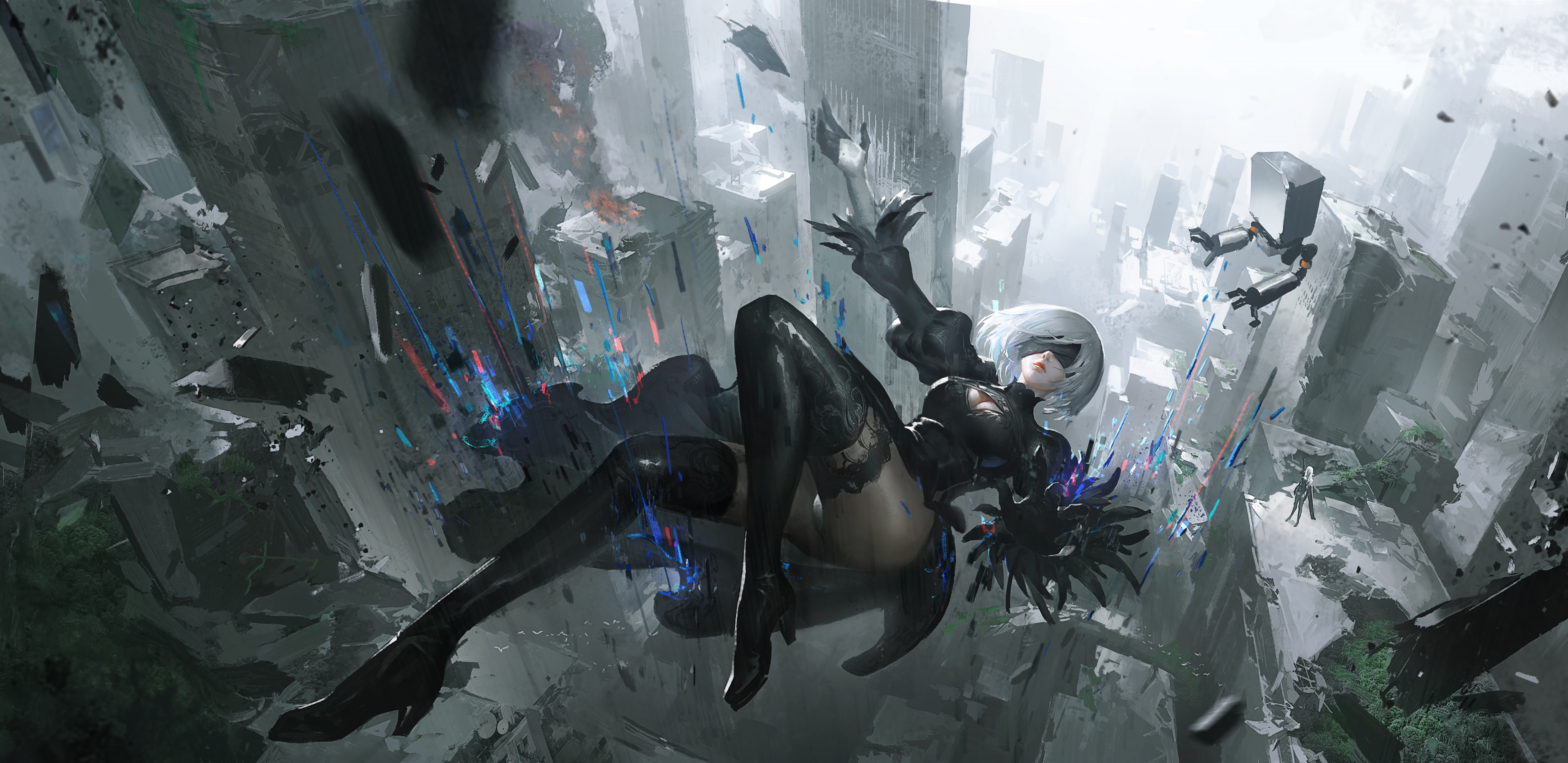 4K Nier: Automata 2B falling amidst debris HD Wallpaper