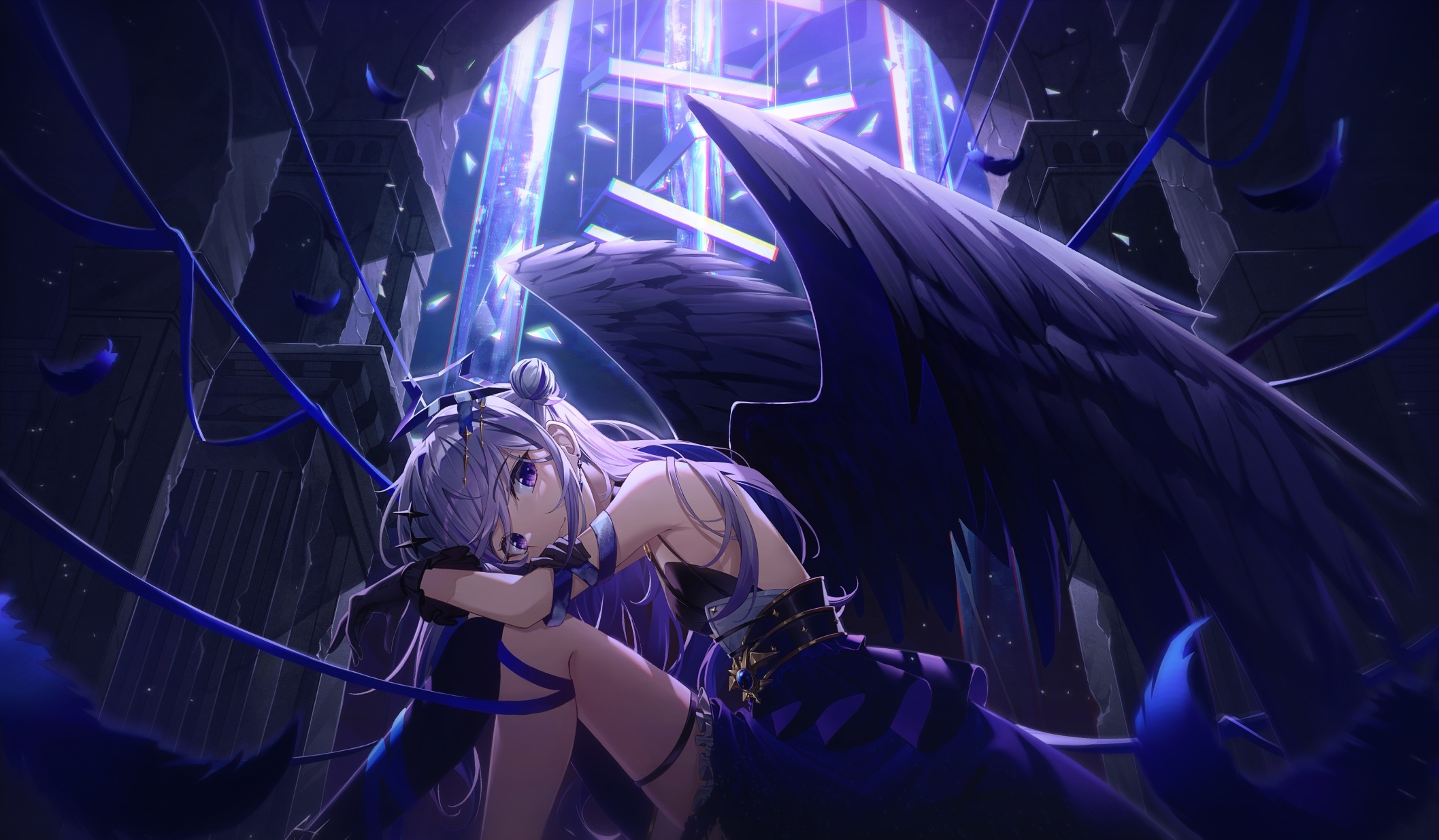 Anime girl with purple hair and black wings HD Wallpaper