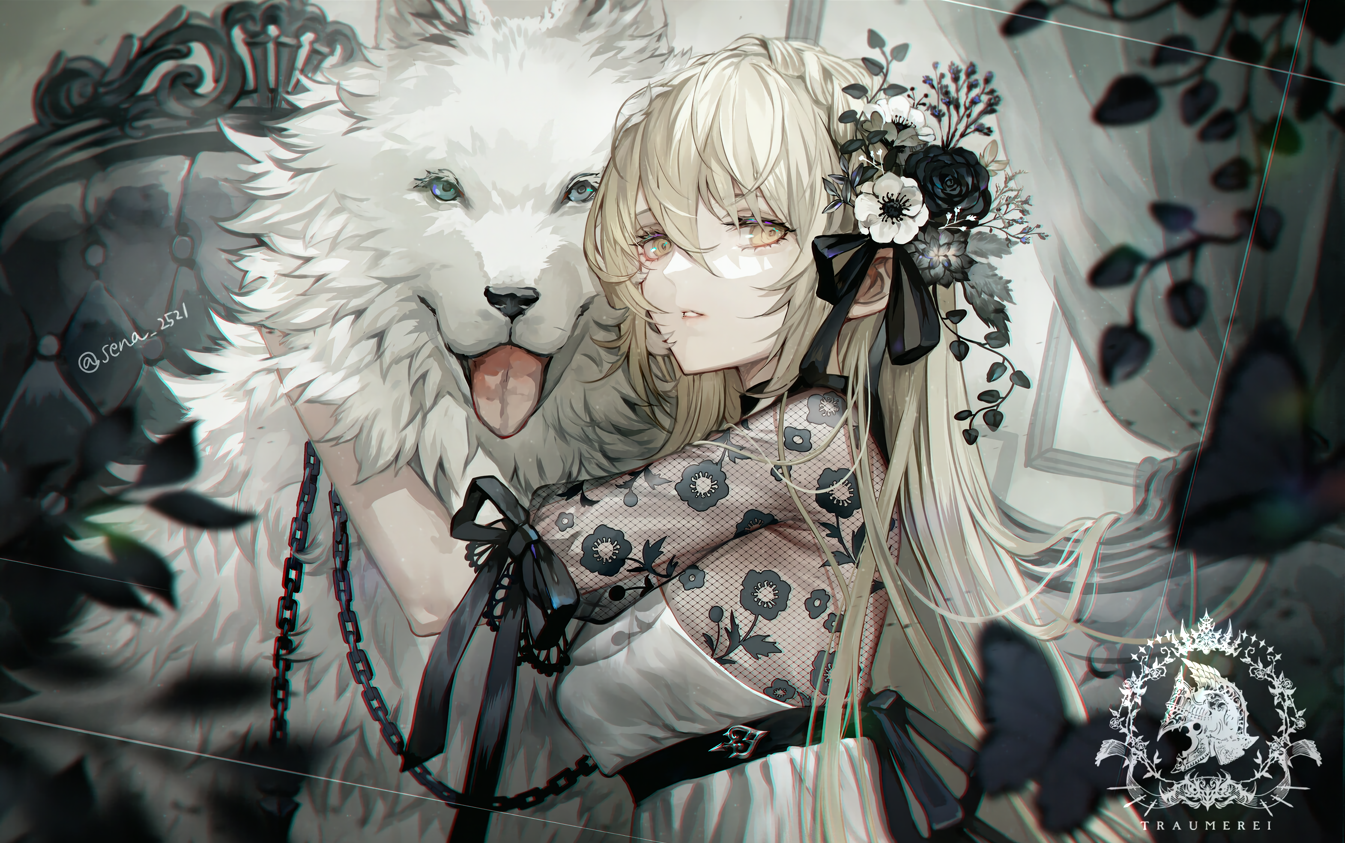 Blonde girl with yellow eyes and white wolf with chains HD Wallpaper