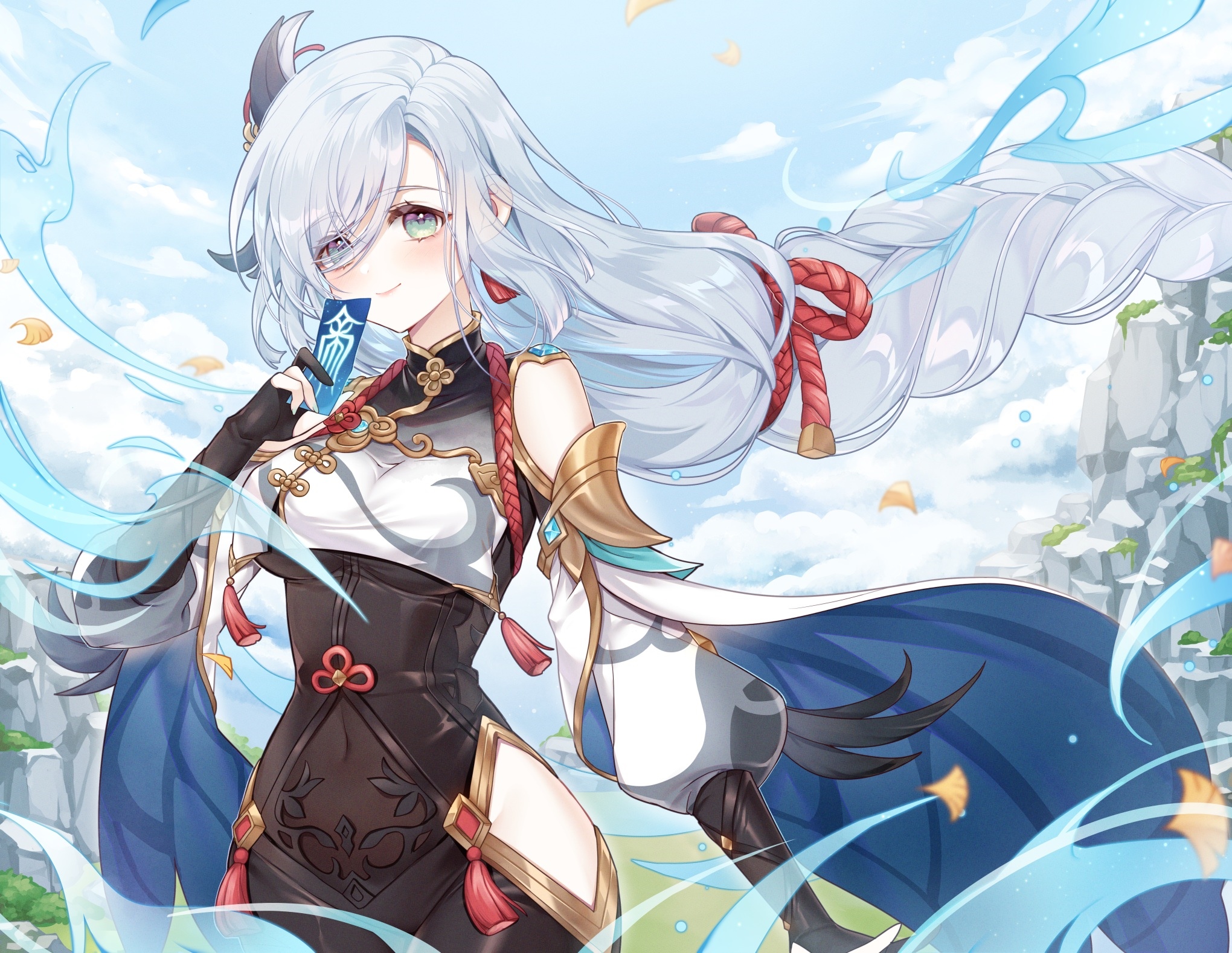 Shenhe from Genshin Impact holding a card HD Wallpaper
