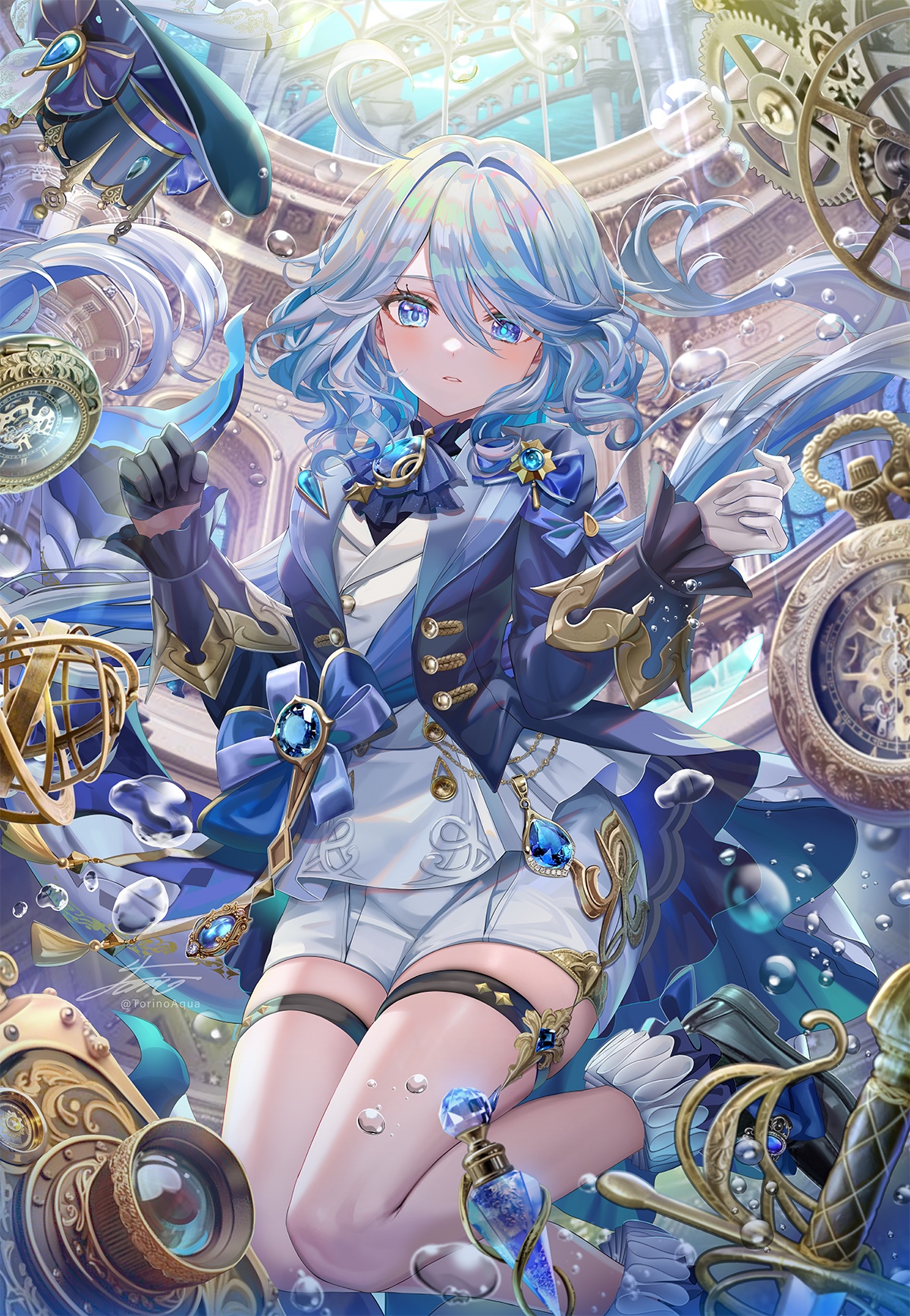 Focalors from Genshin Impact with blue hair and eyes HD Phone Wallpaper