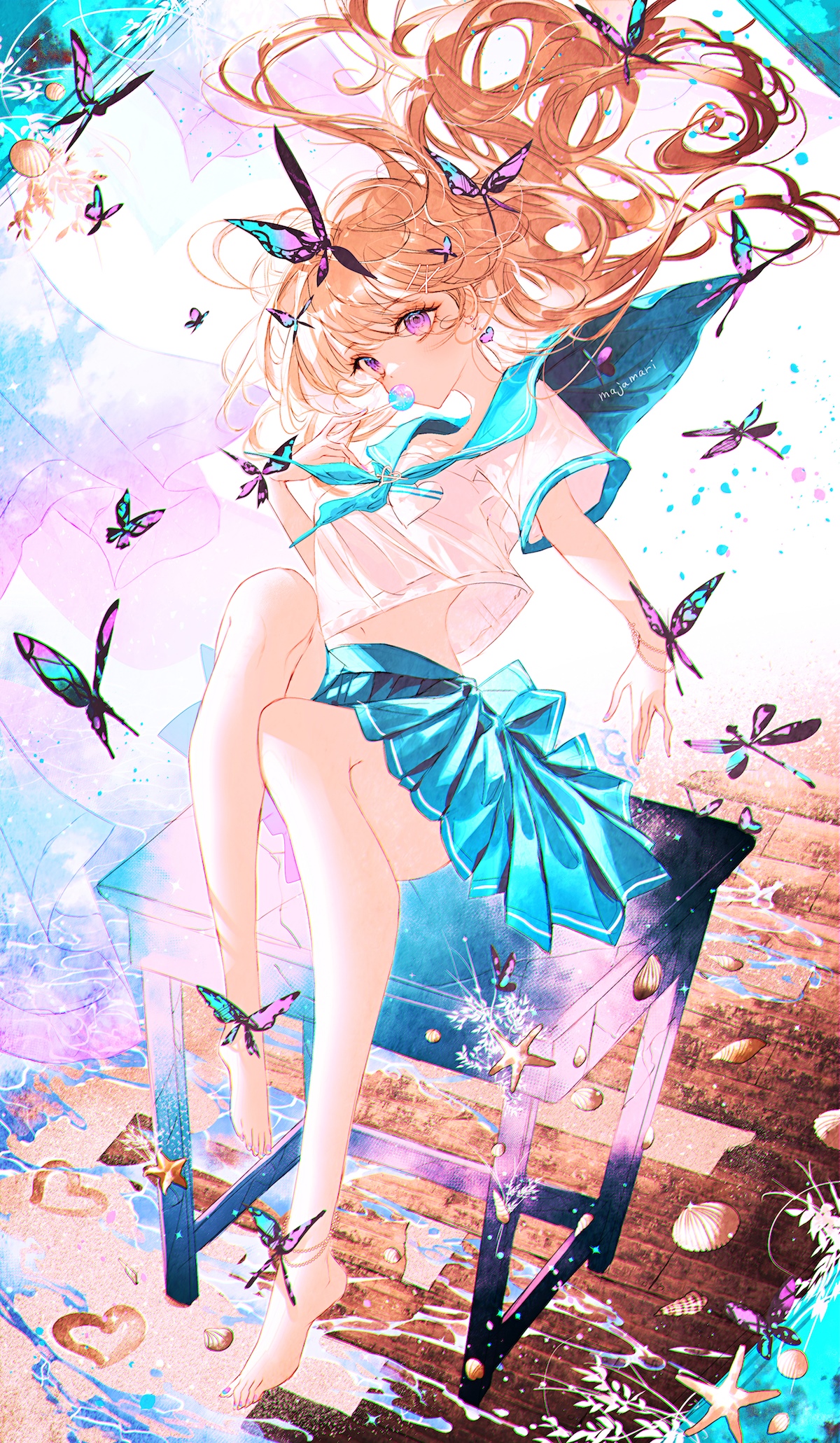Girl in school uniform with butterflies and seashells HD Phone Wallpaper