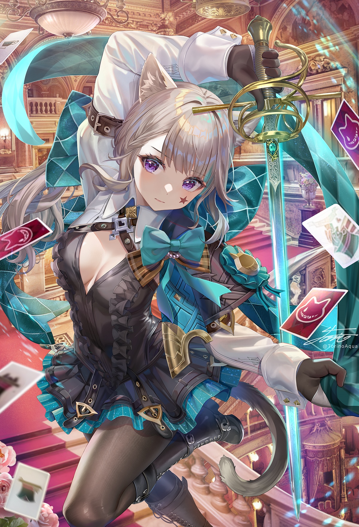 Lynette from Genshin Impact with a sword and cards HD Phone Wallpaper