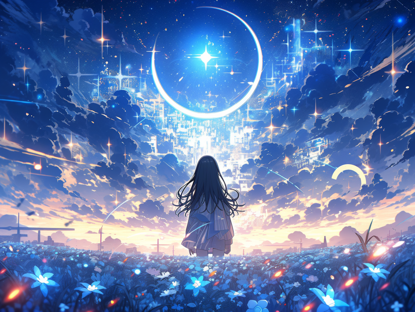 Girl in a field of flowers under a starry sky HD Wallpaper