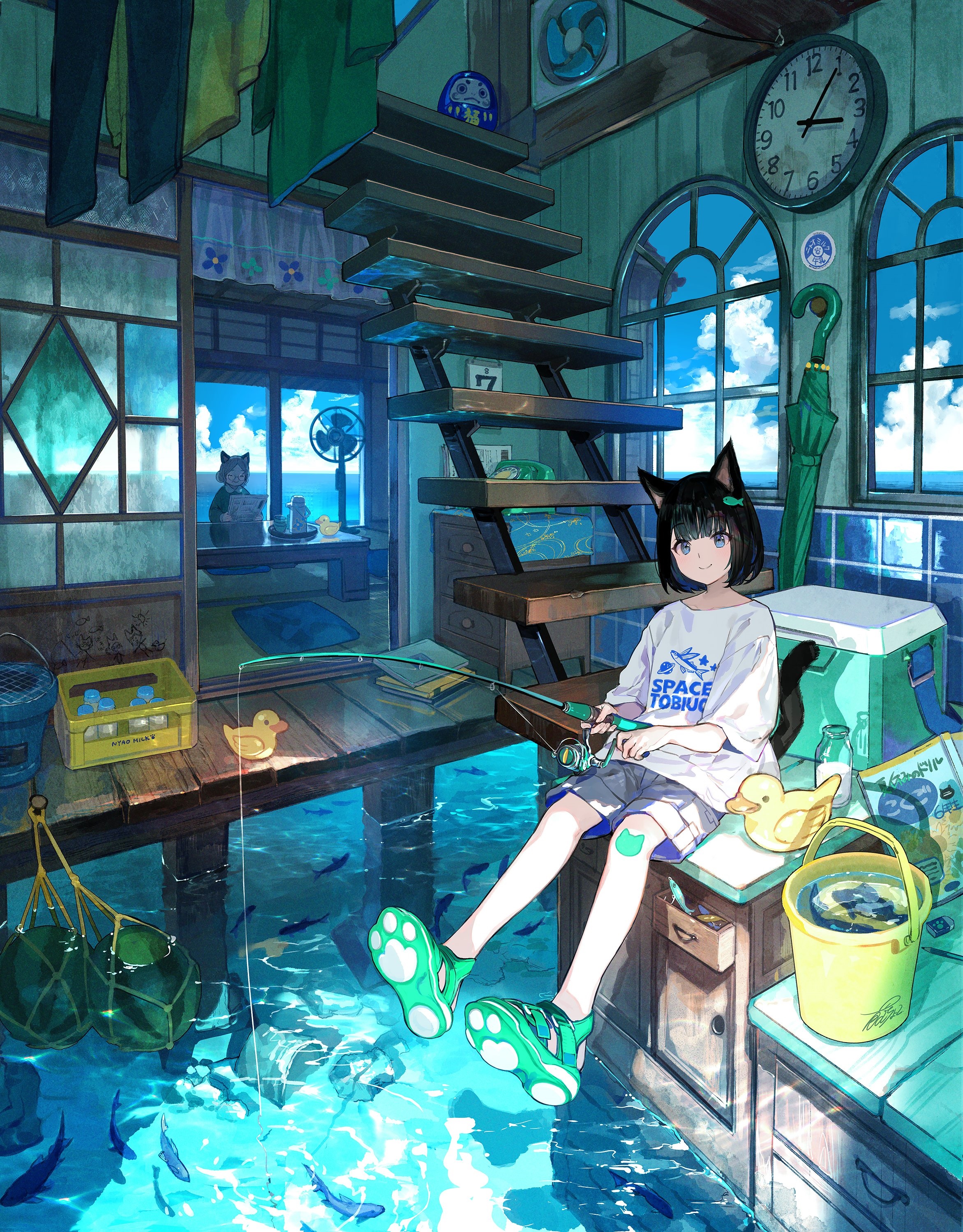 Cat girl fishing by the water with rubber ducks HD Phone Wallpaper
