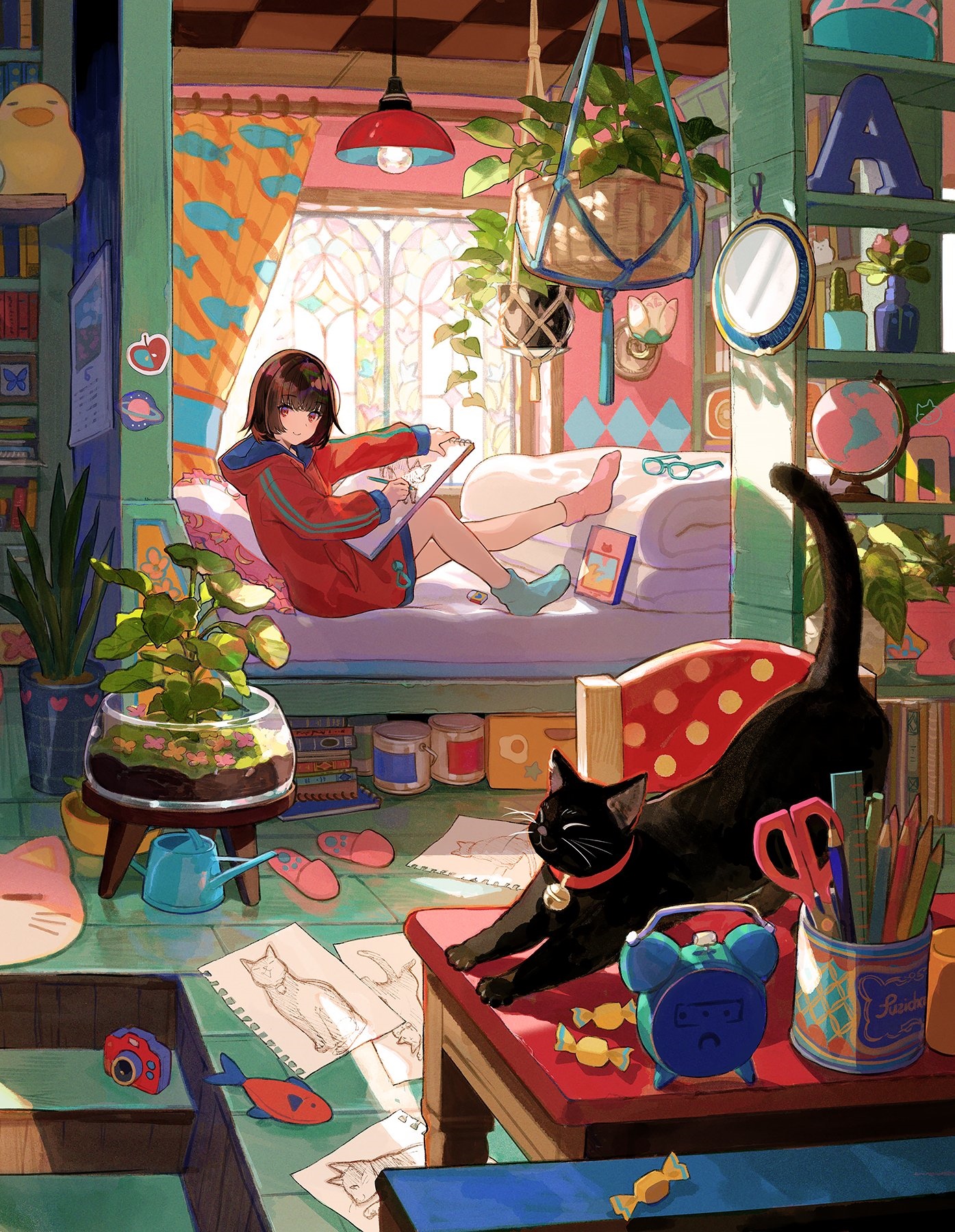 Girl drawing with cat in a sunlit room HD Phone Wallpaper