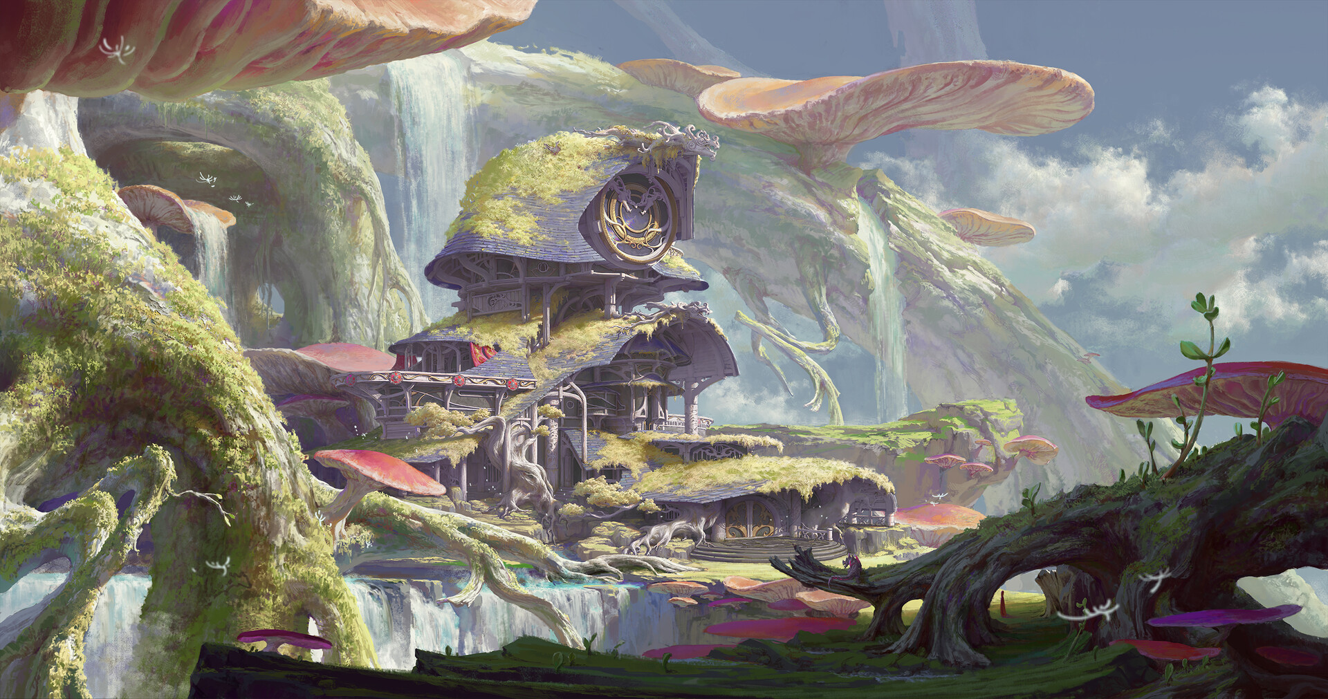 Fantasy mushroom village with waterfalls and ancient trees HD Wallpaper