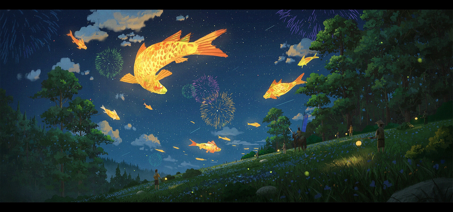 Surreal night sky with flying fish and fireworks HD Wallpaper
