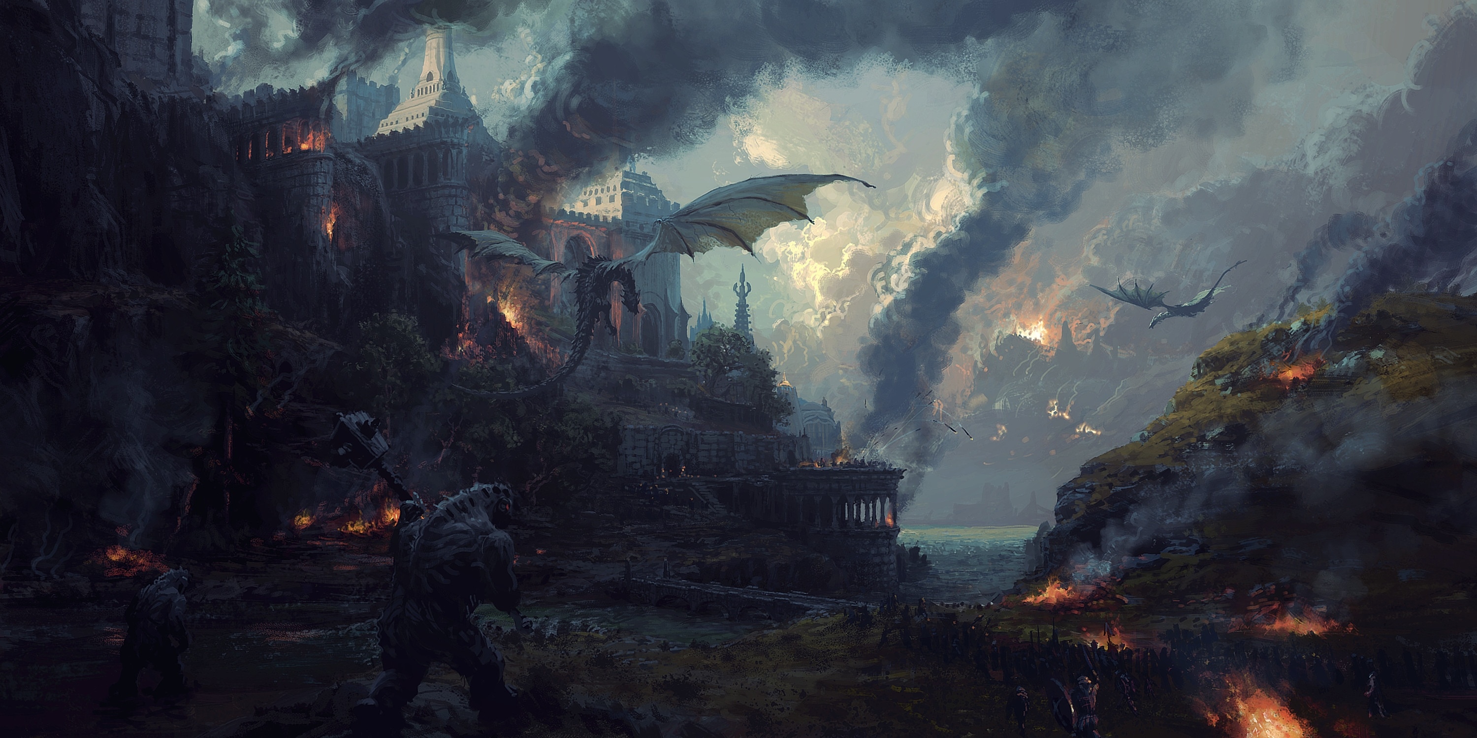 Dragons attacking a castle with fire and smoke HD Wallpaper