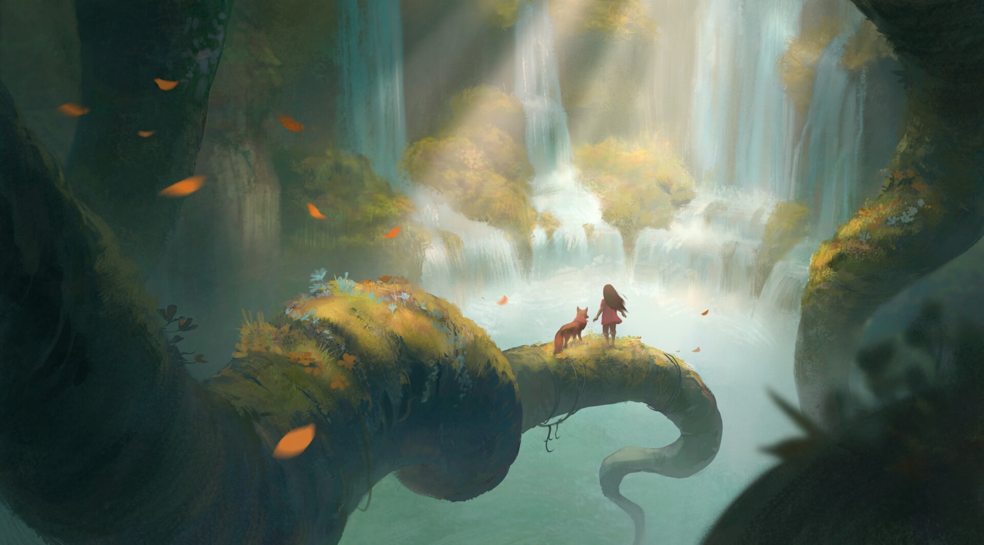 Girl and fox by a waterfall in a surreal forest HD Wallpaper