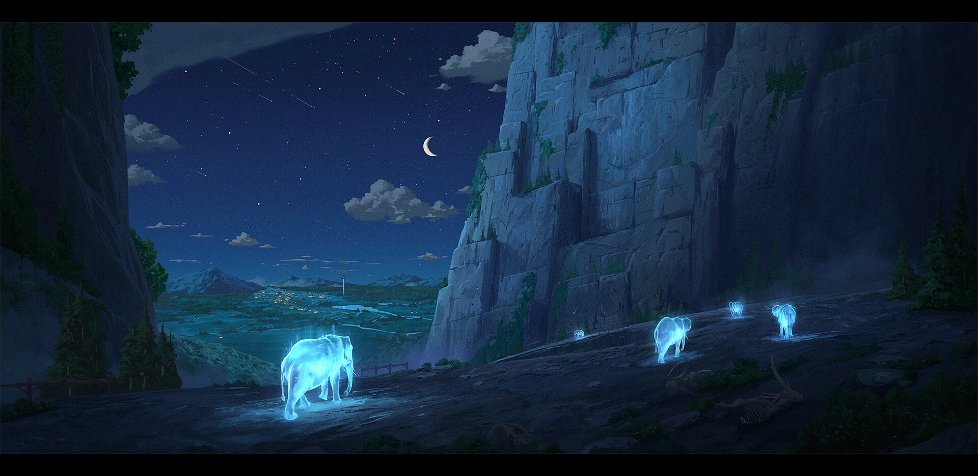 Ghost Elephants in a Mountainous Landscape at Night HD Wallpaper