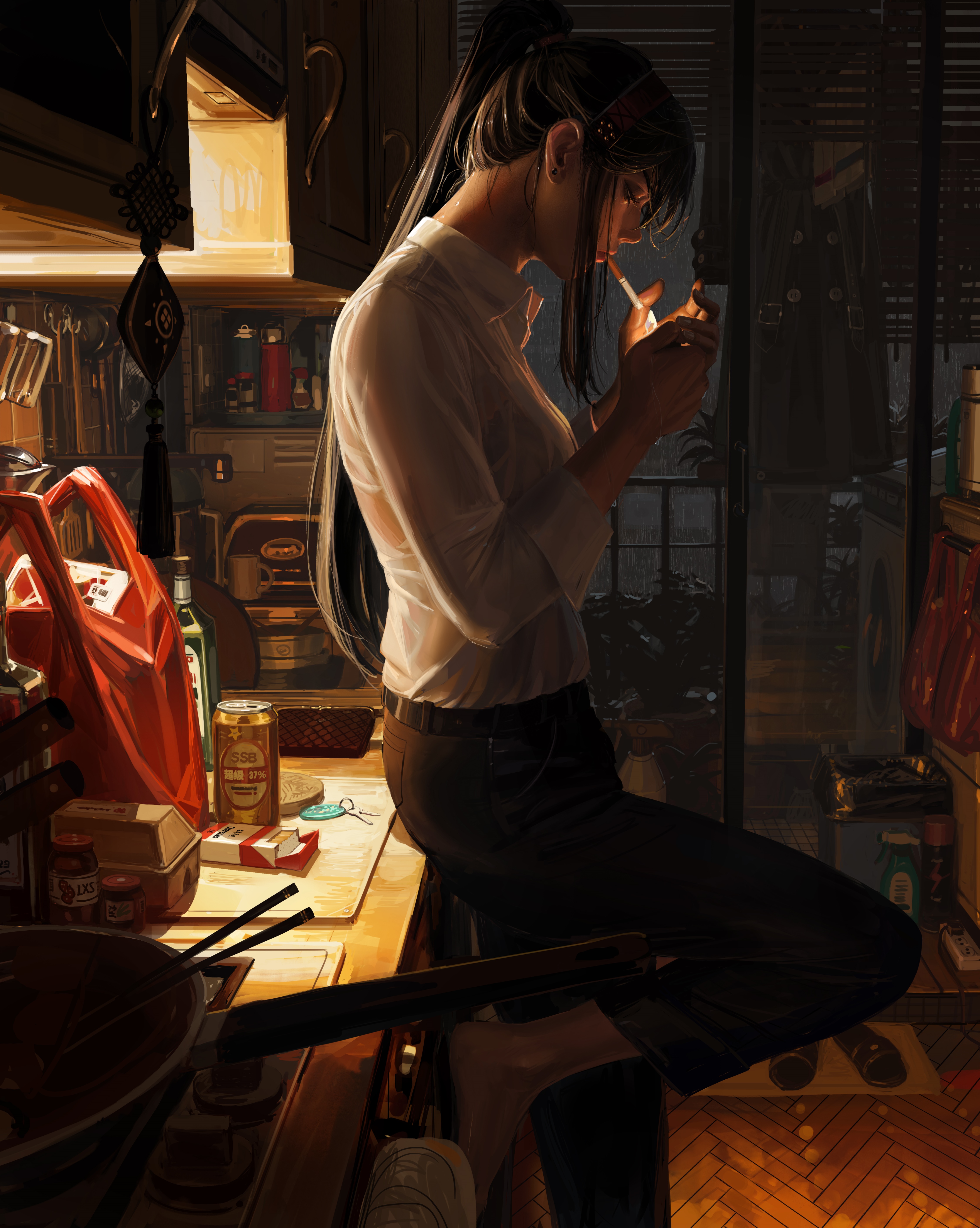 GUWEIZ drawing of a woman smoking in a kitchen HD Phone Wallpaper