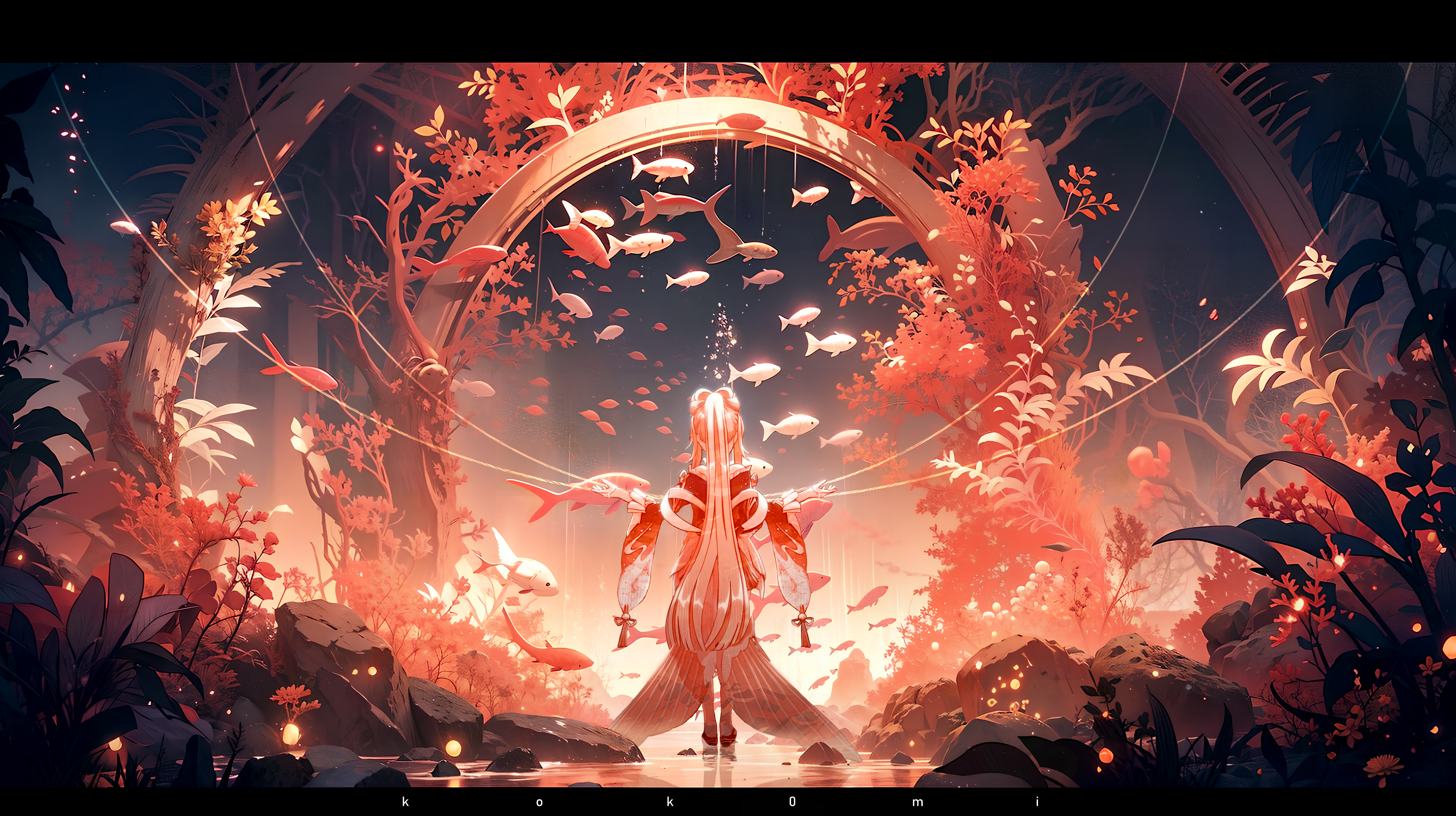 4K Genshin Impact Sangonomiya Kokomi with fish and plants HD Wallpaper