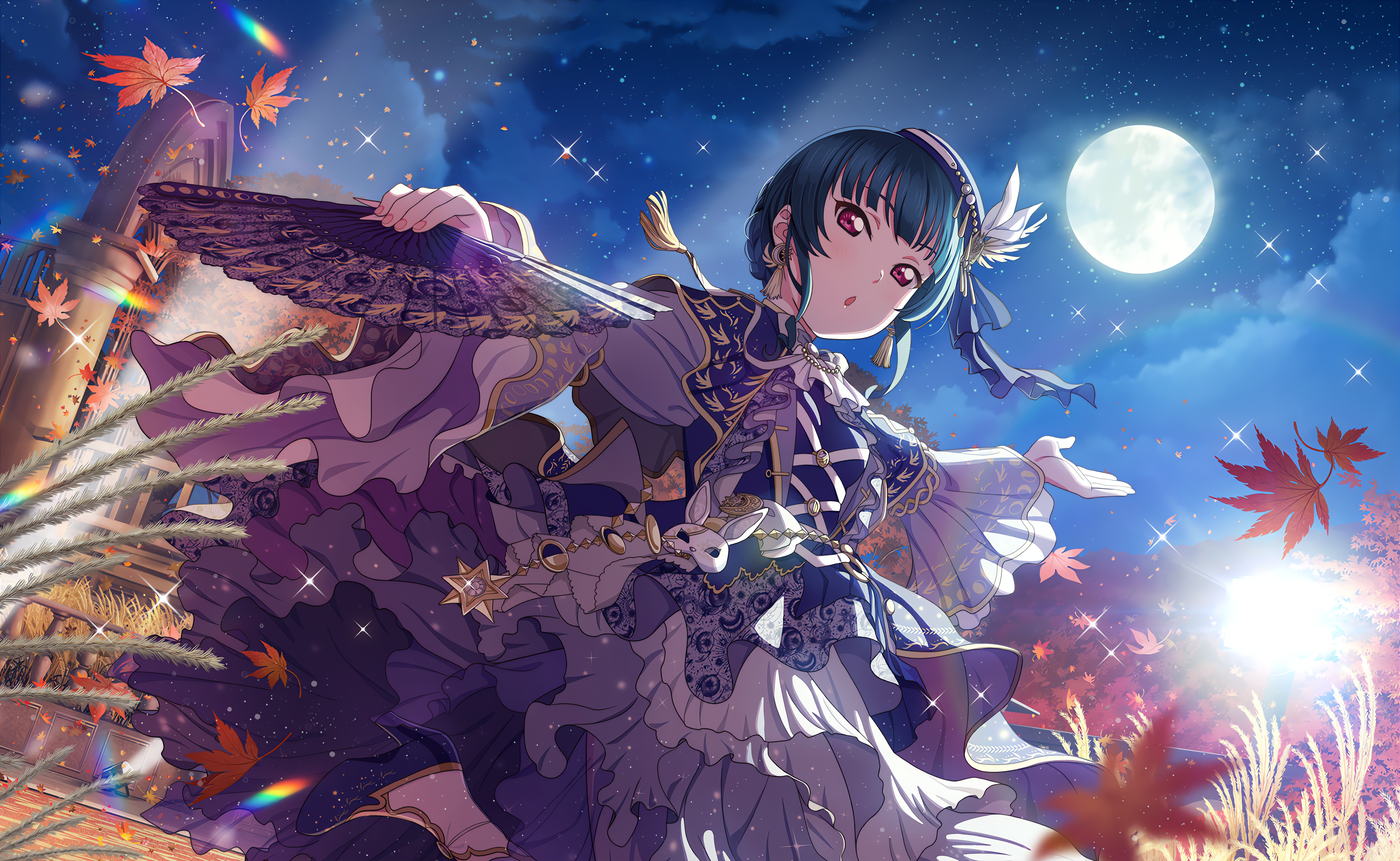 Tsushima Yoshiko in a blue uniform with a fan under the moonlight HD Wallpaper