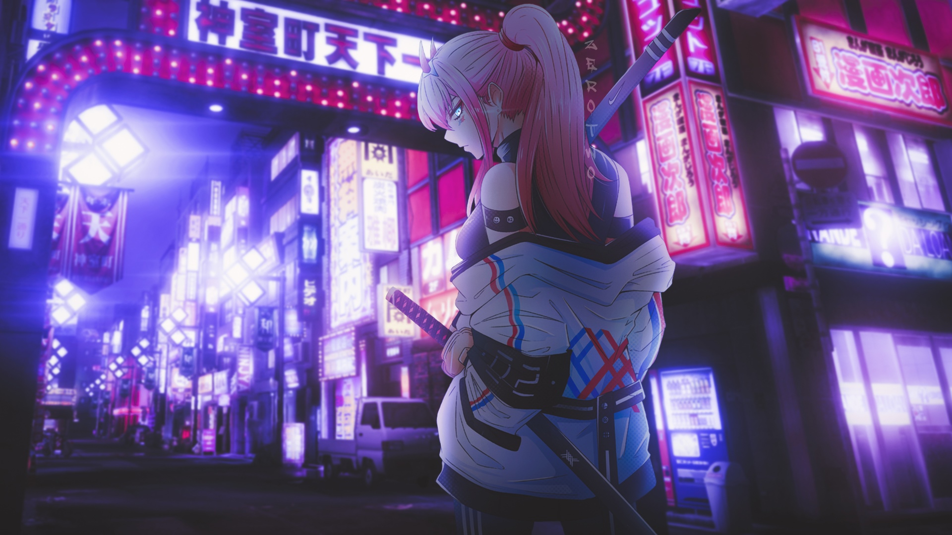 Zero Two with Katana in Cyberpunk Japanese Street HD Wallpaper