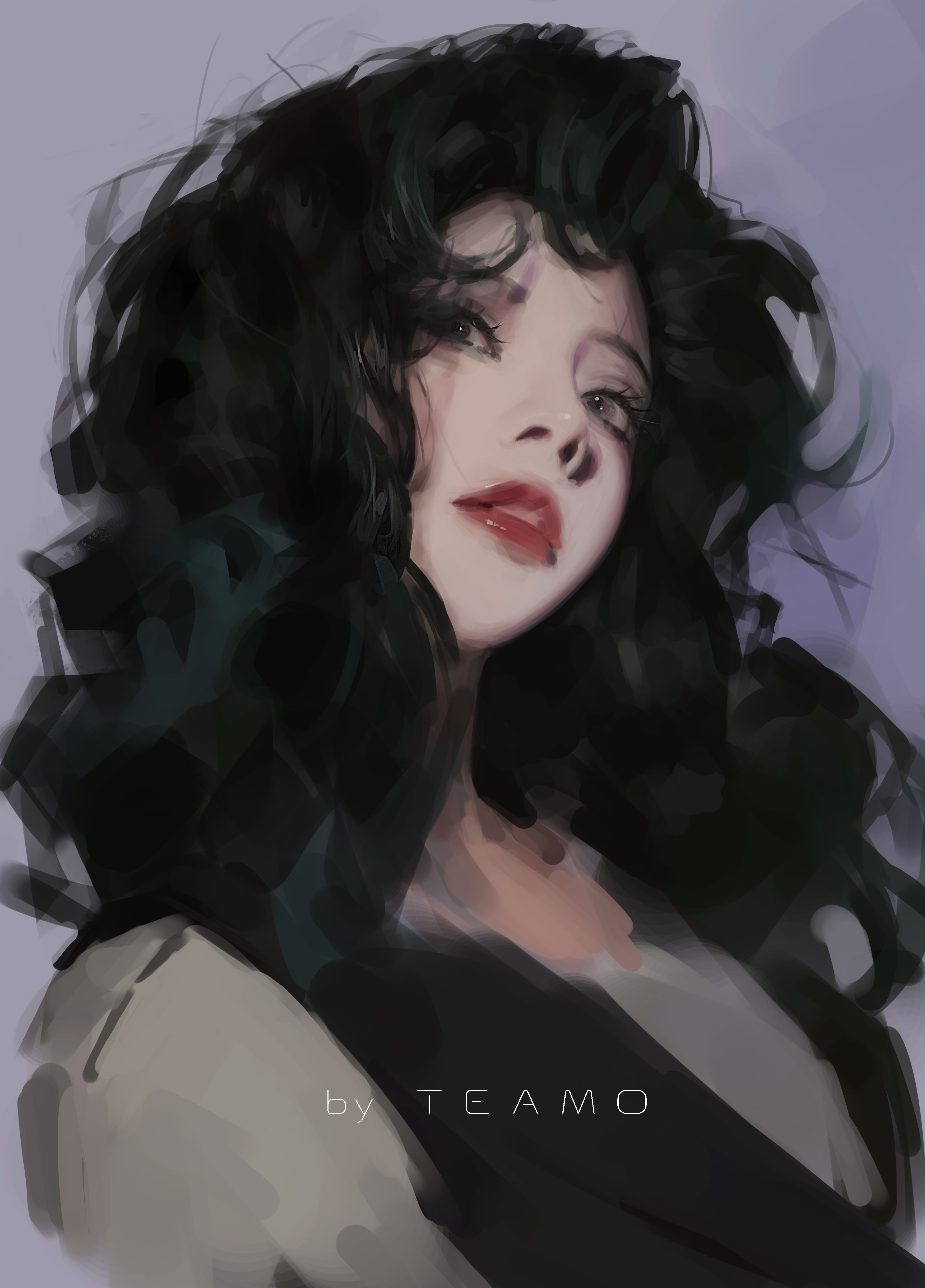 Digital painting of a woman with dark curly hair HD Phone Wallpaper