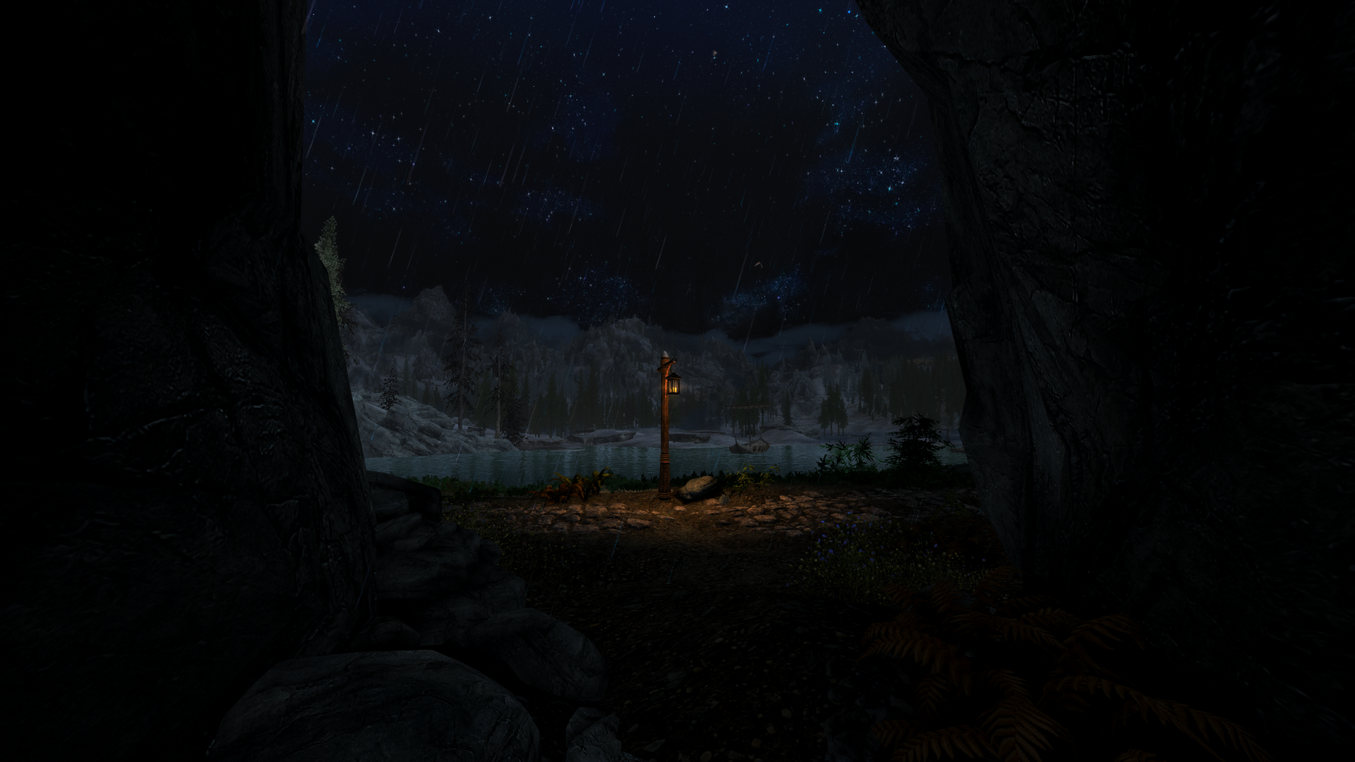 The Elder Scrolls V: Skyrim night landscape with rain and stars HD Wallpaper