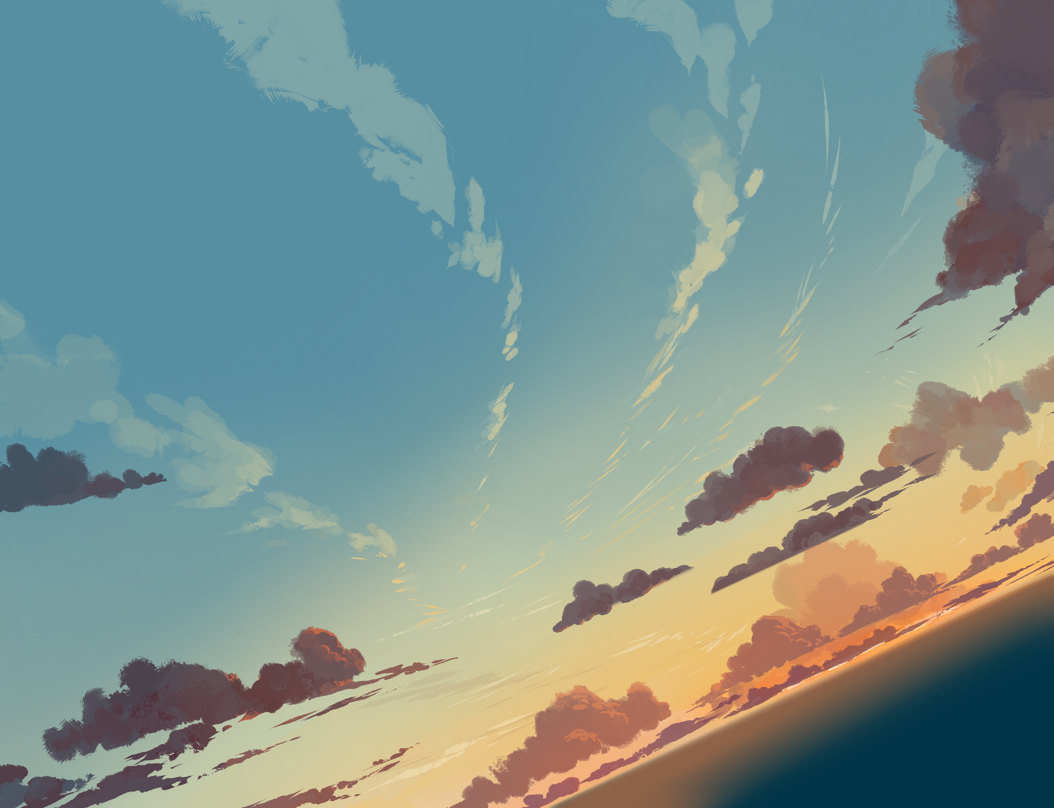Artwork of a sunset sky with clouds over the sea HD Wallpaper