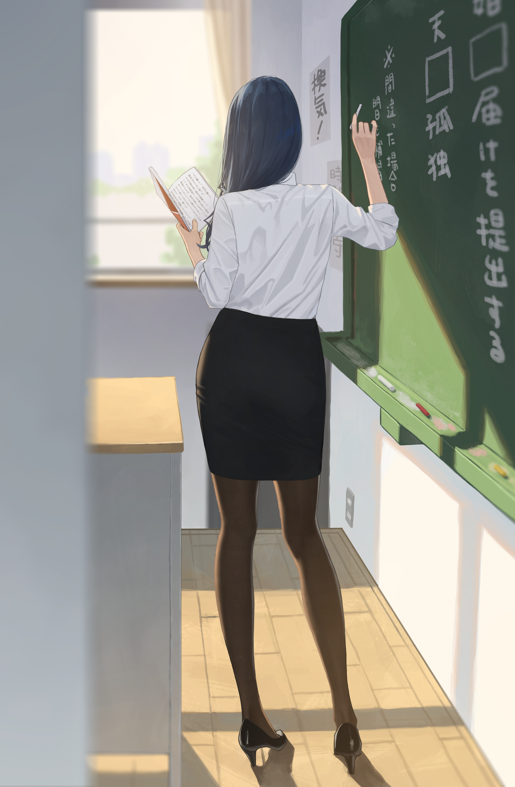 Teacher writing on chalkboard in classroom HD Phone Wallpaper